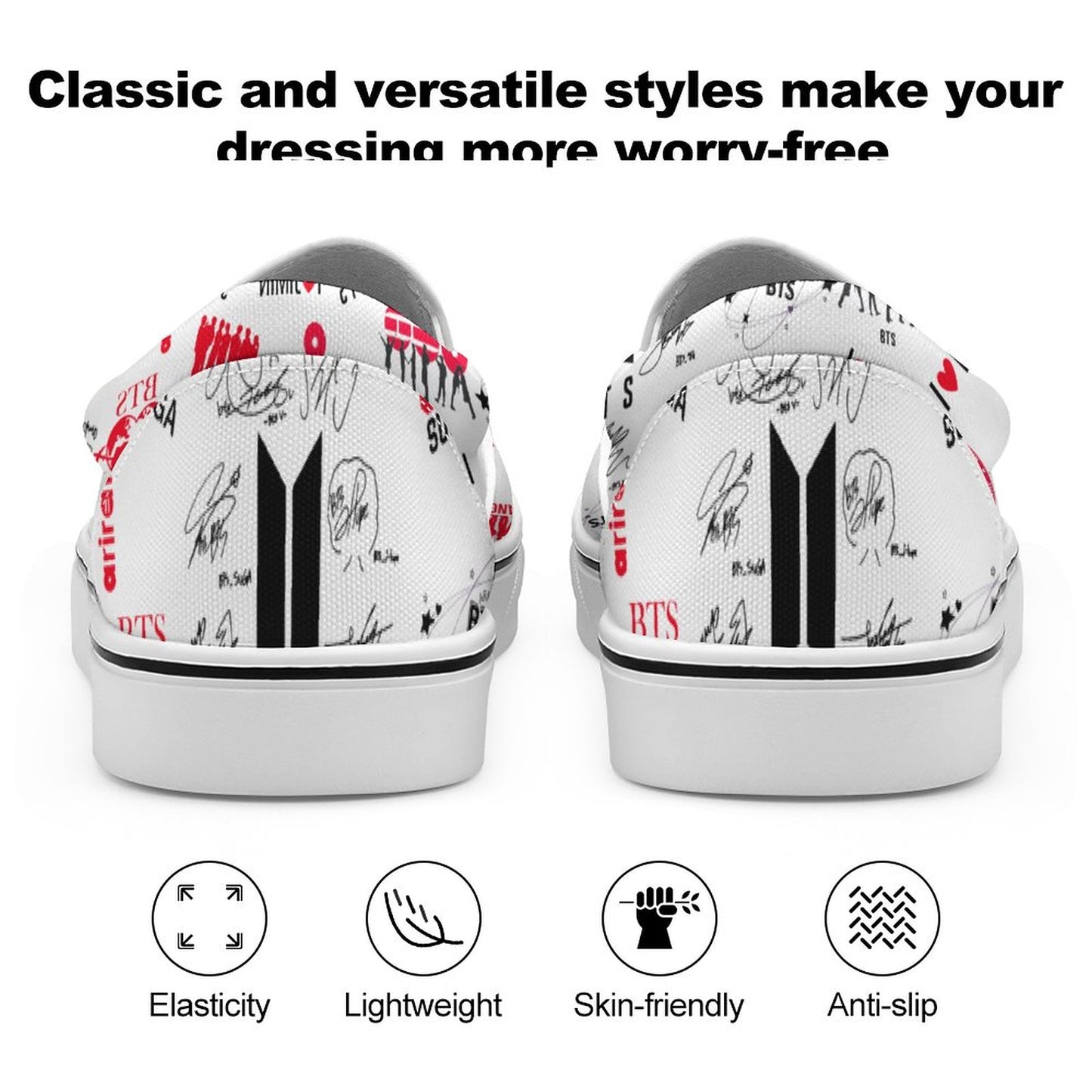 Close up of durable rubber sole and cushioned insole of BTS ARMY themed slip-on shoes.