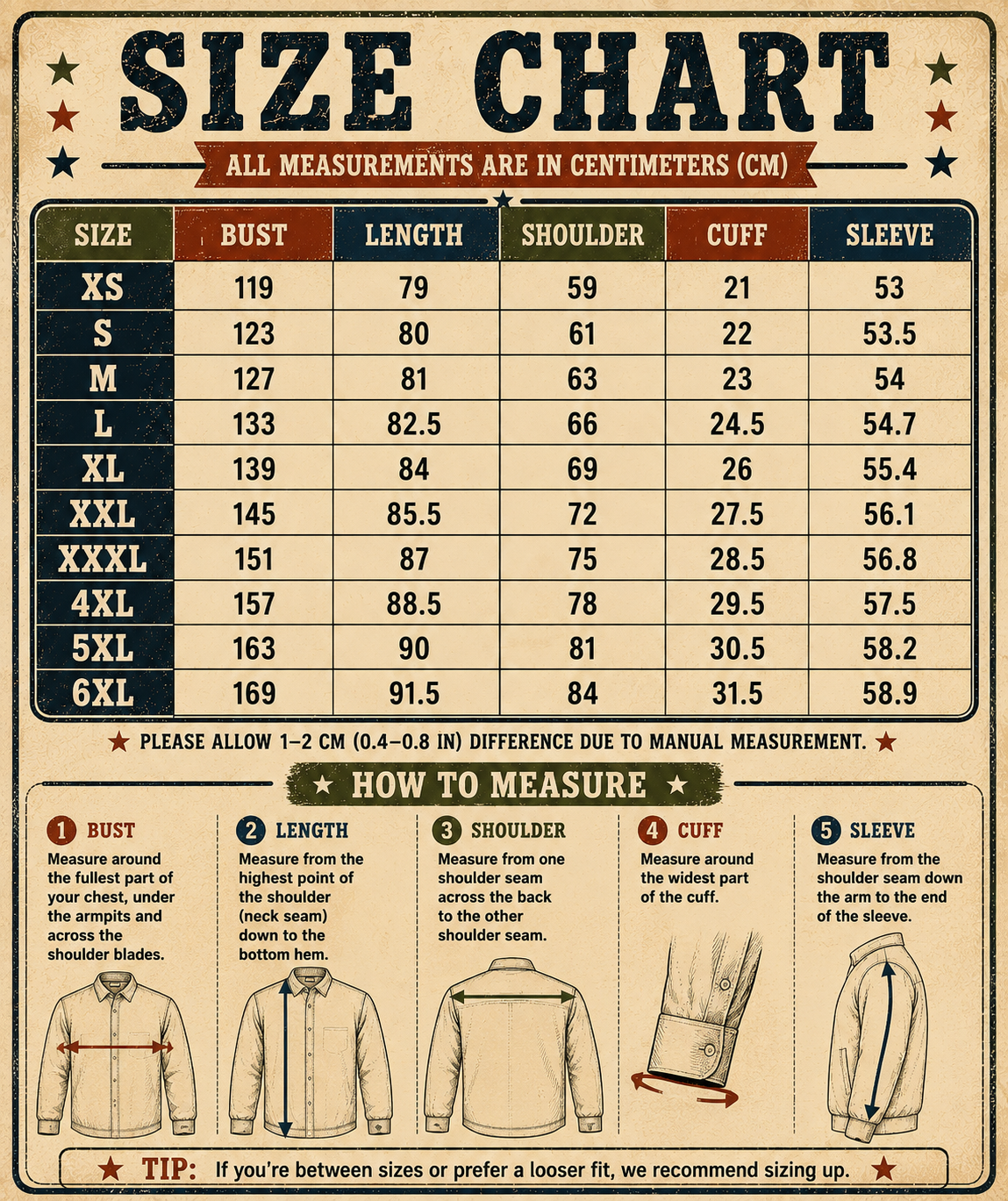 Size chart and flat-lay garment measurements in centimeters for oversized hoodie dress XS to 6XL