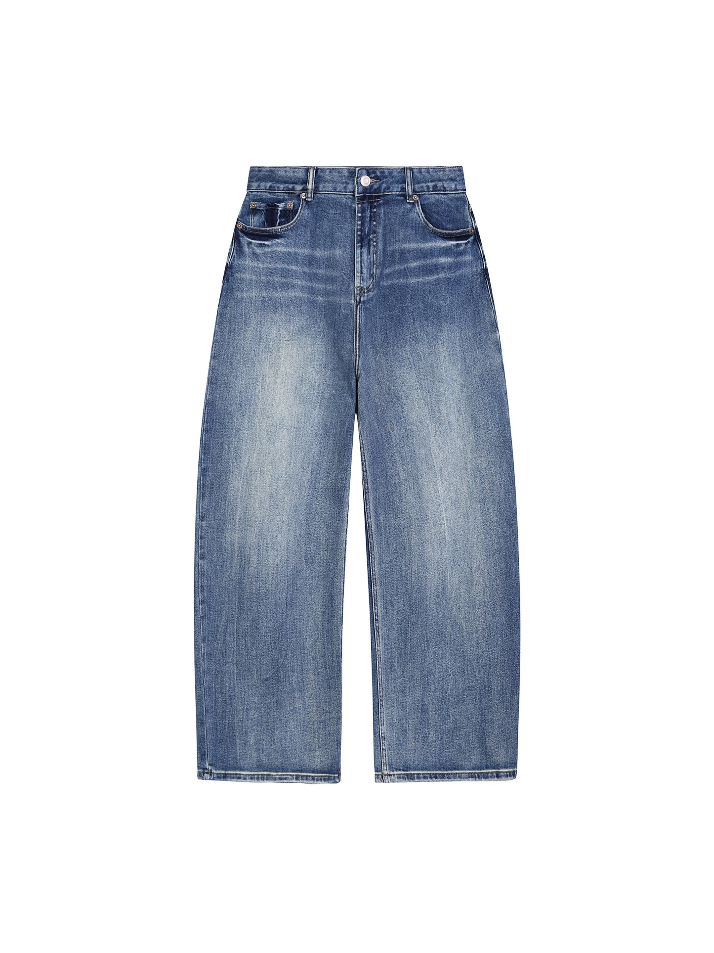 Front view of the blue ATEEZ ATINY sun-fade wide-leg denim jeans displayed on a hanger, showcasing the relaxed mid-waist rise and structured heavyweight drape.
