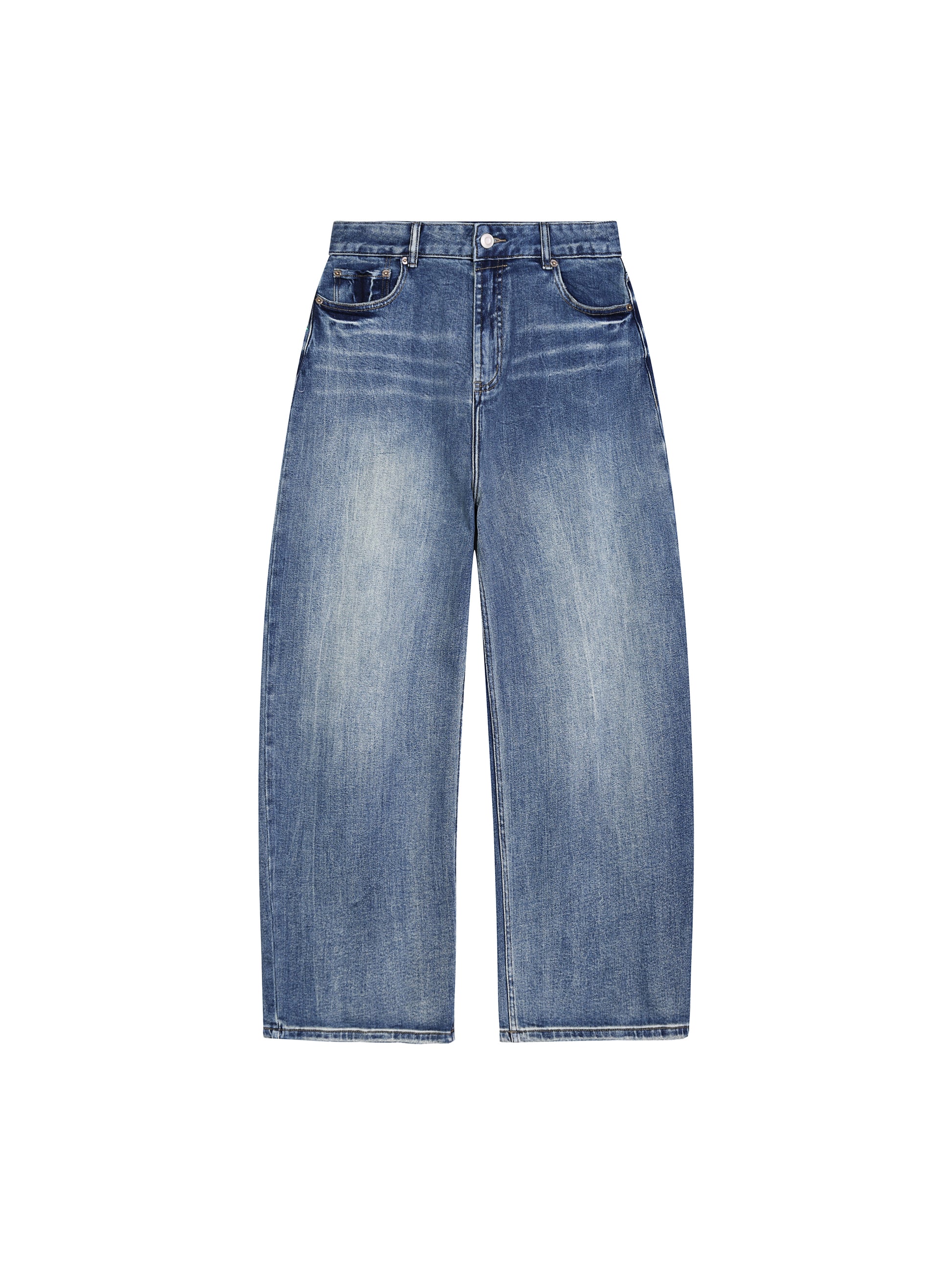 Front view of the blue ATEEZ ATINY sun-fade wide-leg denim jeans displayed on a hanger, showcasing the relaxed mid-waist rise and structured heavyweight drape.