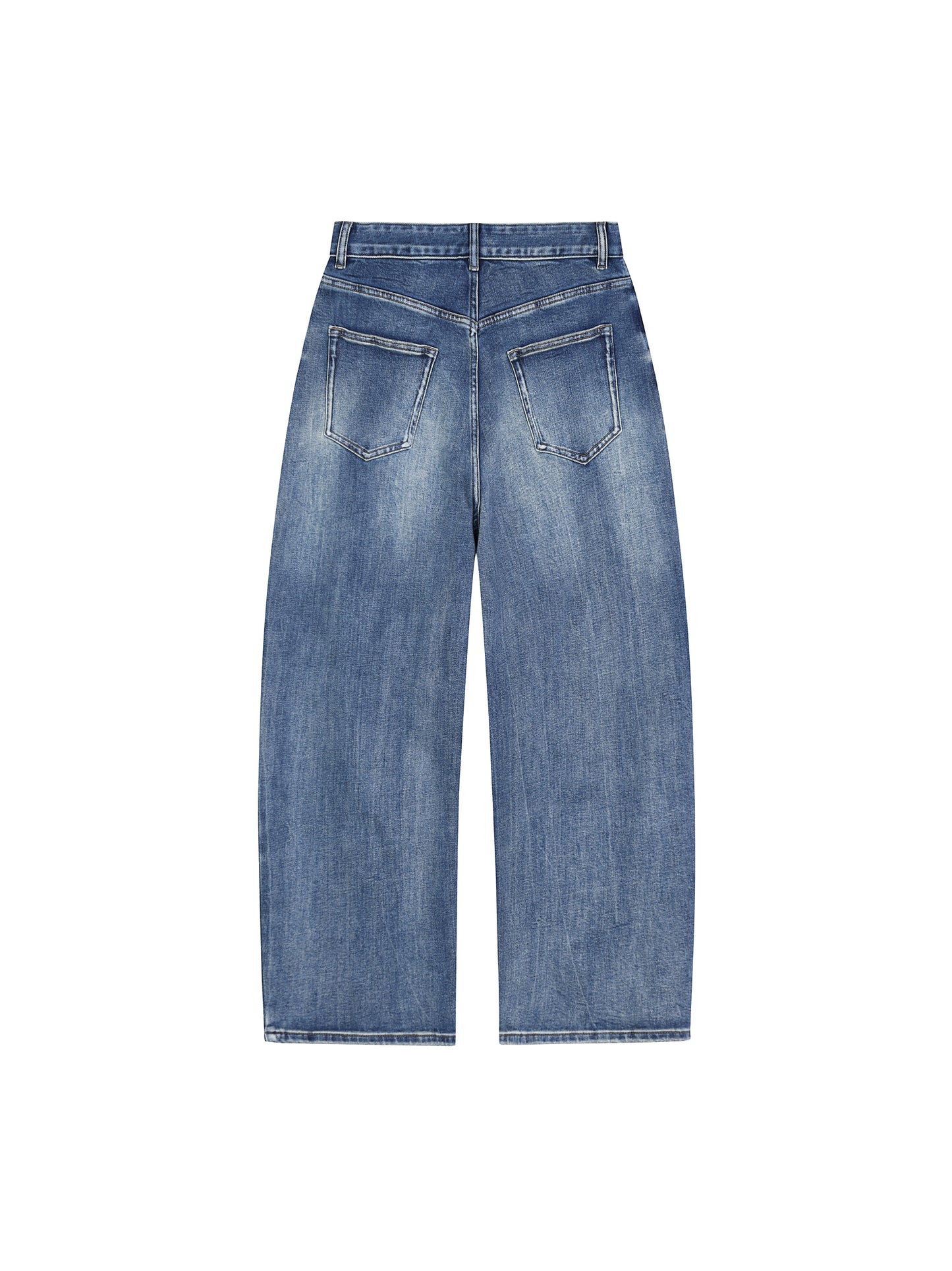 Back view of the blue ATEEZ ATINY sun-fade wide-leg denim jeans on a hanger, highlighting the classic pocket placement and full wide-leg silhouette.