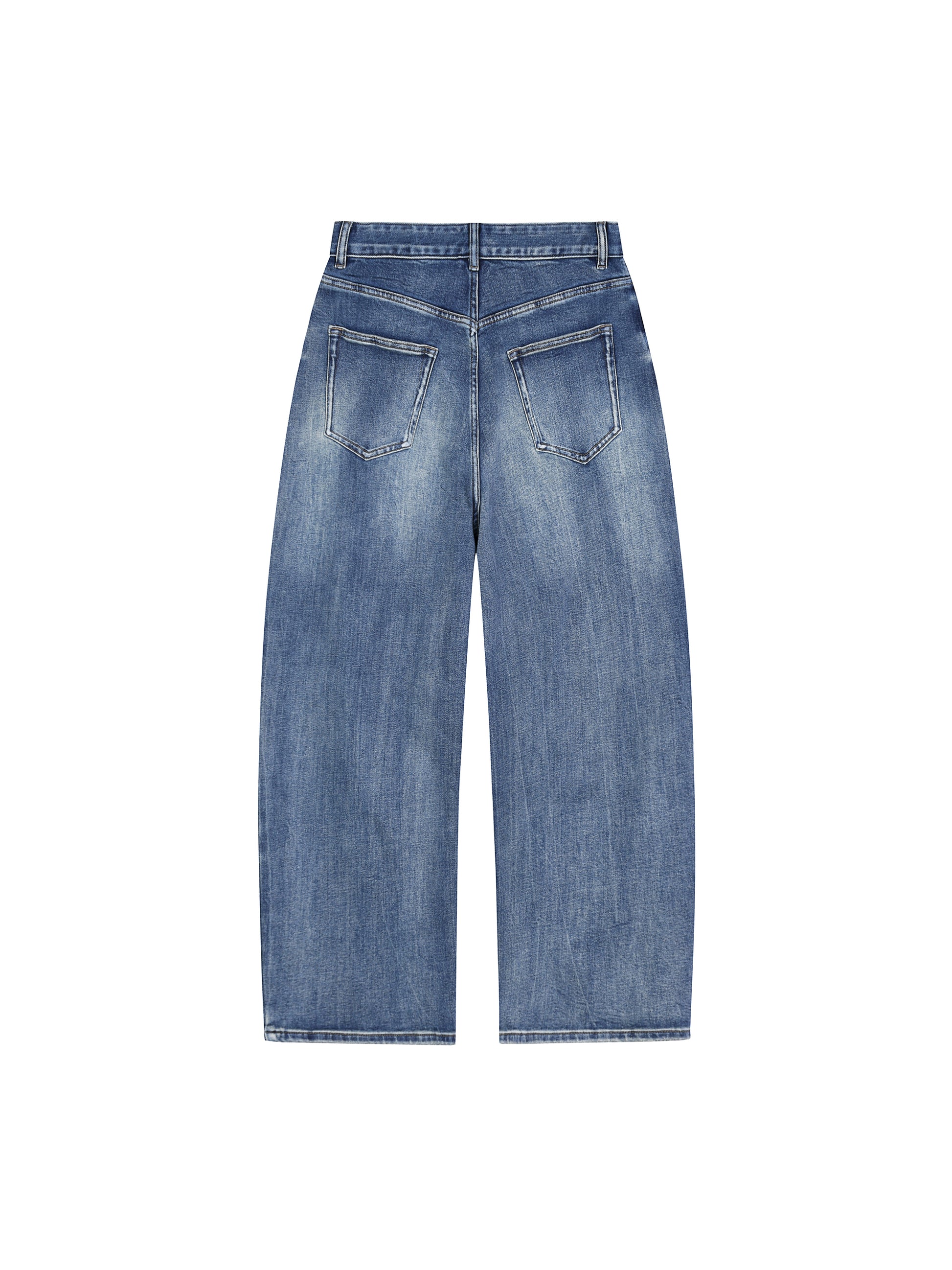Back view of the blue ATEEZ ATINY sun-fade wide-leg denim jeans on a hanger, highlighting the classic pocket placement and full wide-leg silhouette.