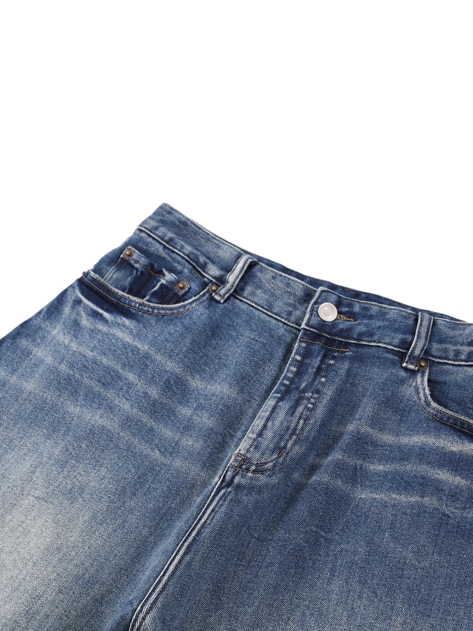 Macro close-up view of the premium heavyweight blue denim waist construction, featuring a durable metal front button closure and precise double-stitching details.