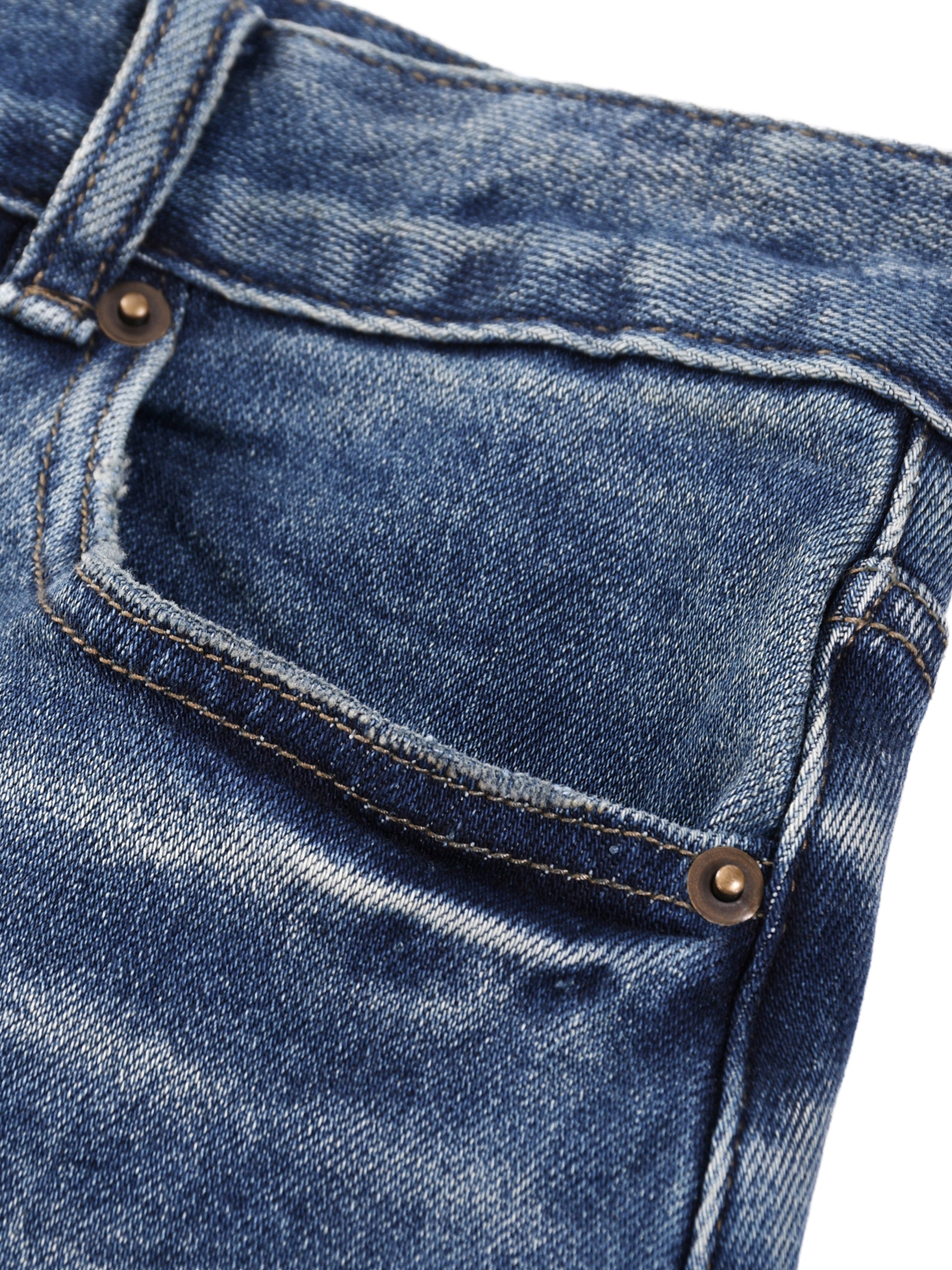 Close-up view of the folded blue sun-fade denim fabric, highlighting the thick, textured 16oz weave and quality pocket lining construction.