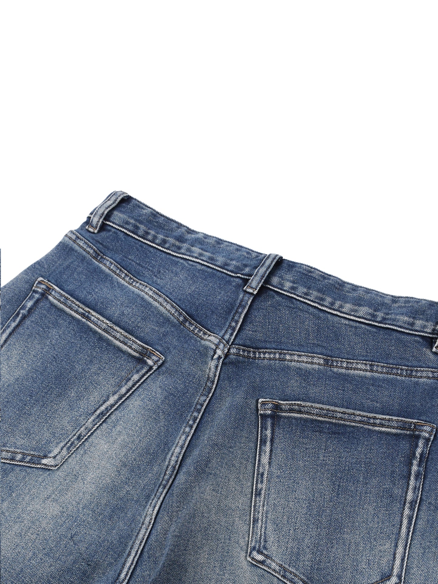 Close-up view of the back pockets, waistband stitching, and washed vintage sun-fade texture on the BT21 King TATA denim jeans.
