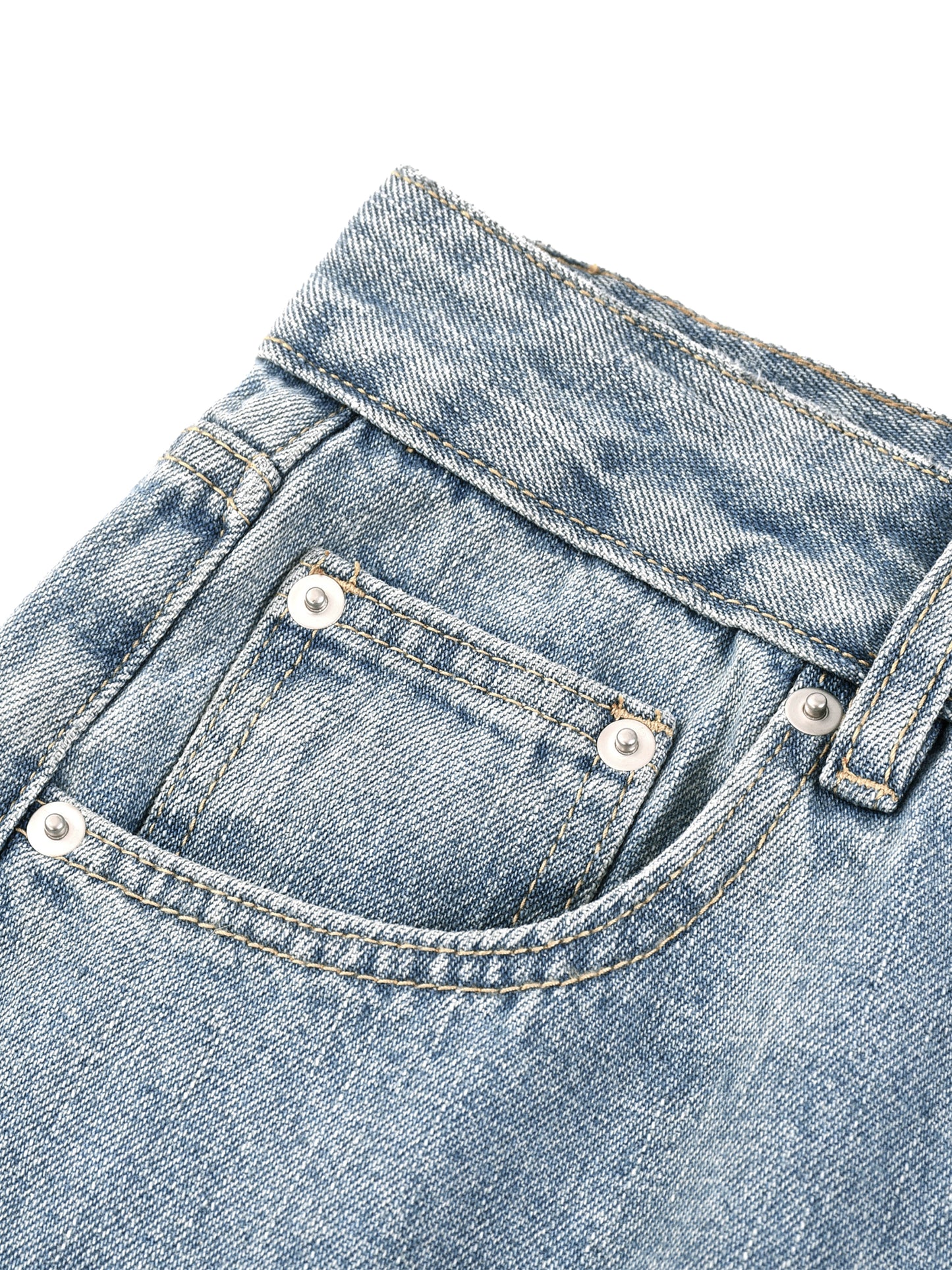 Close-up view of the front coin pocket, metal rivets, and premium double-stitching on unisex light gray vintage wash straight leg jeans.