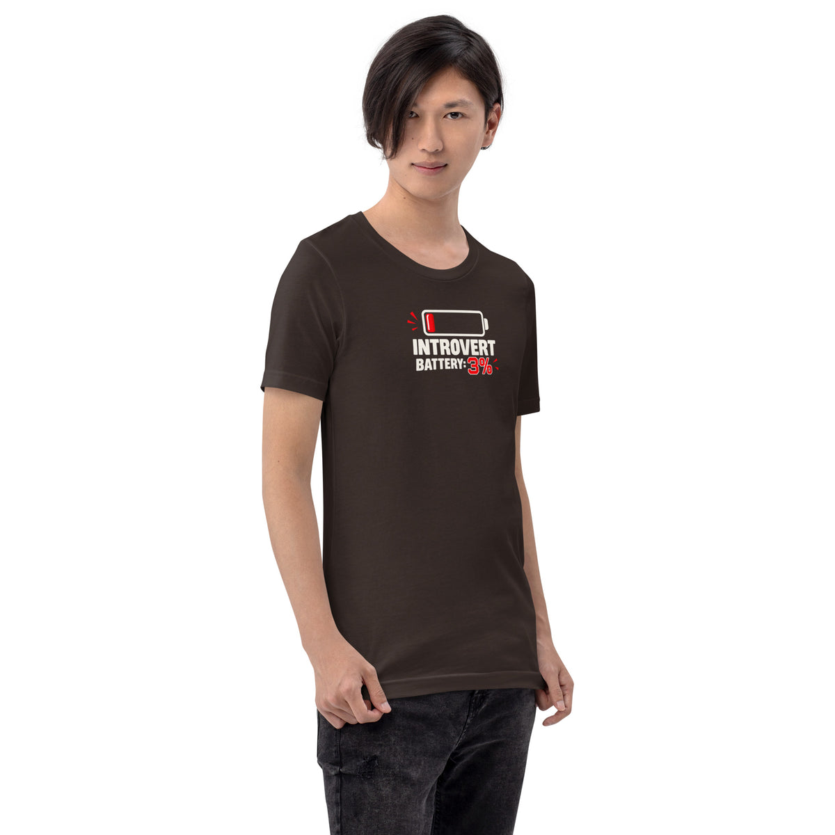 Front view of a male model wearing a brown unisex t-shirt featuring a low battery icon and bold graphic reading Introvert Battery: 3%