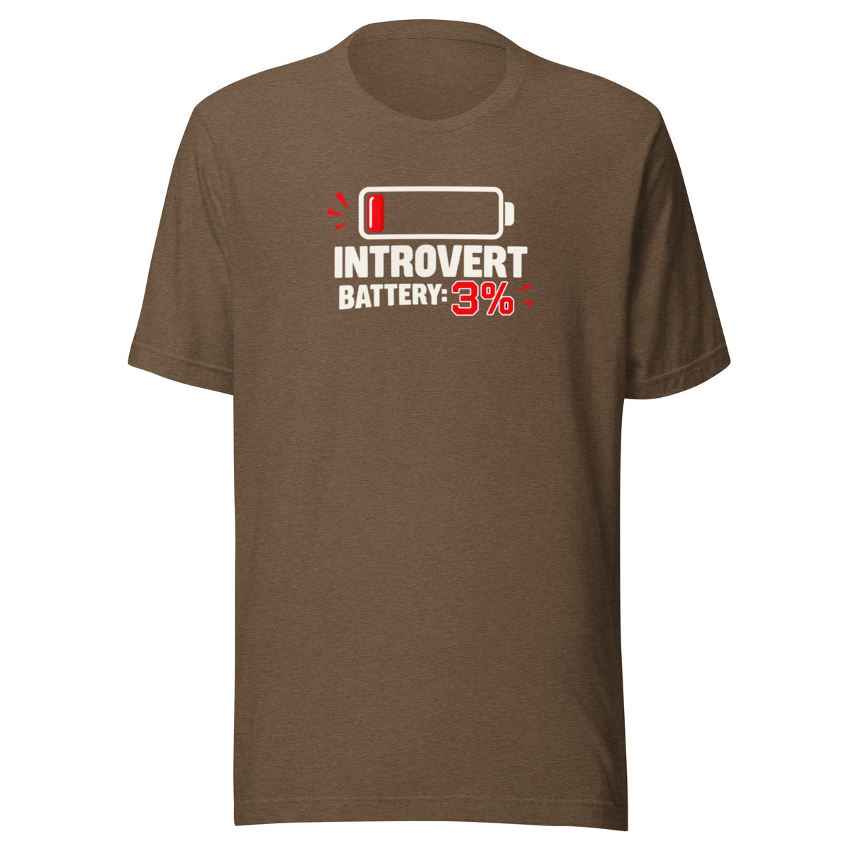 Front view mockup of a heather brown unisex t-shirt featuring a low battery icon and bold graphic reading Introvert Battery: 3%