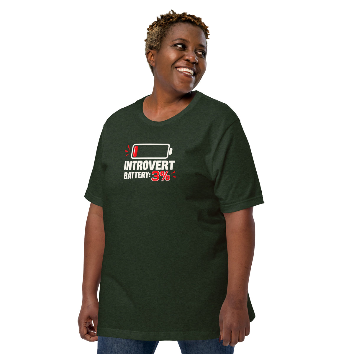 Front view of a smiling female model wearing a heather emerald green unisex t-shirt featuring a low battery icon and graphic reading Introvert Battery: 3%