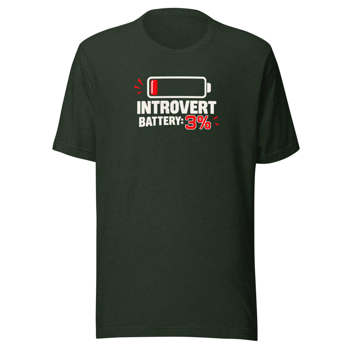 Front view mockup of a heather emerald green unisex t-shirt featuring a low battery icon and bold graphic reading Introvert Battery: 3%