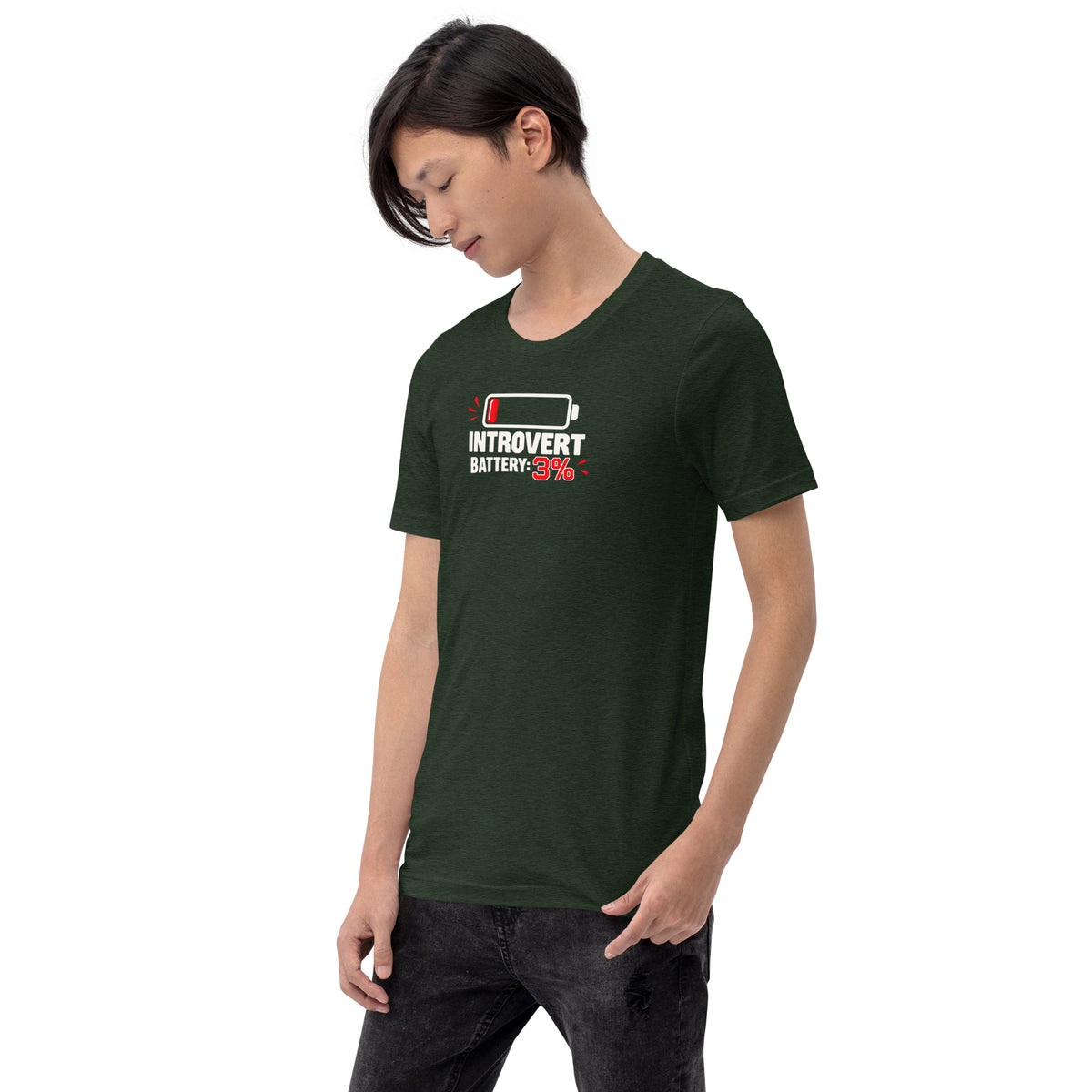Front view of a male model wearing a heather emerald green unisex t-shirt featuring a low battery graphic reading Introvert Battery: 3%