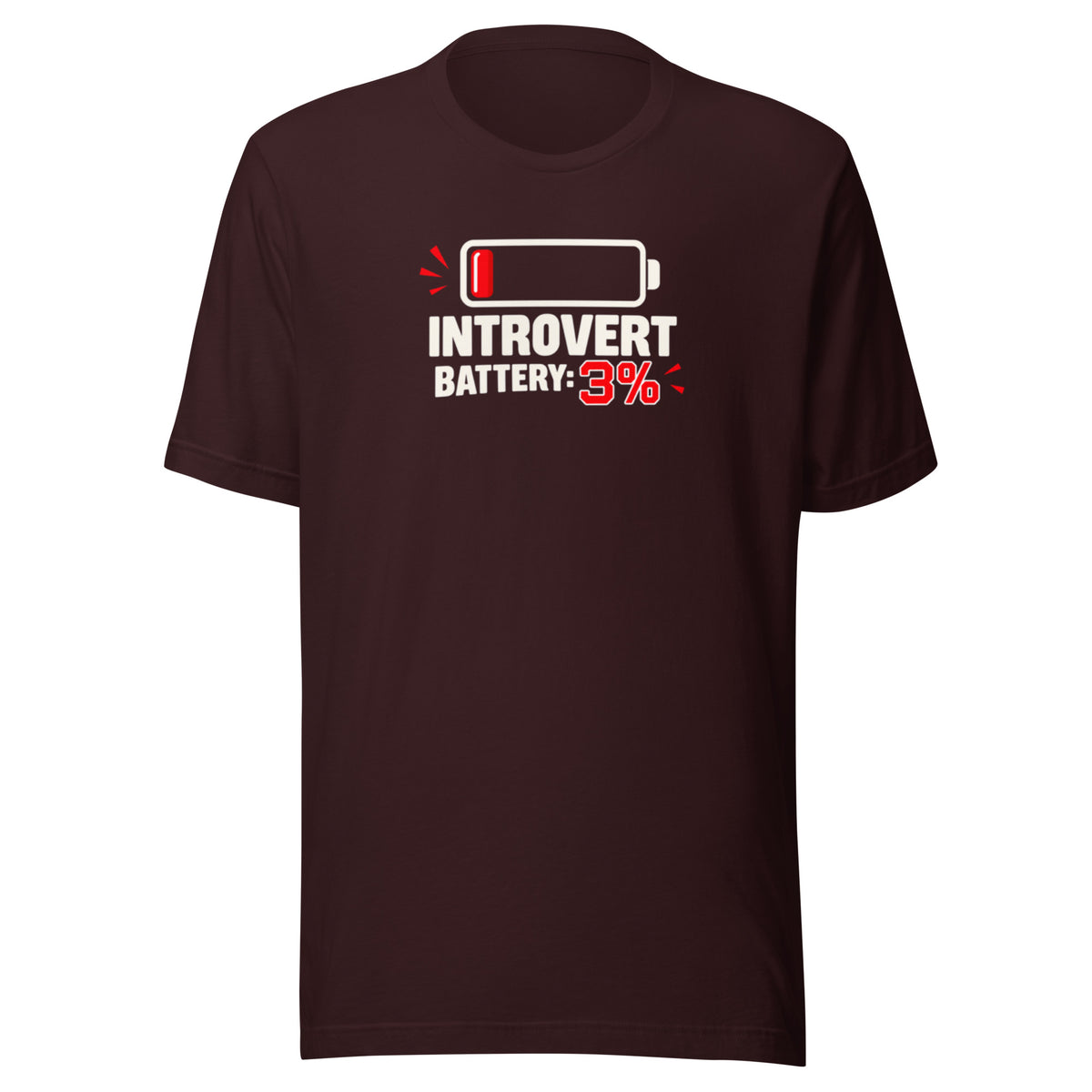 Front view mockup of an oxblood black unisex t-shirt featuring a low battery icon and bold graphic reading Introvert Battery: 3%