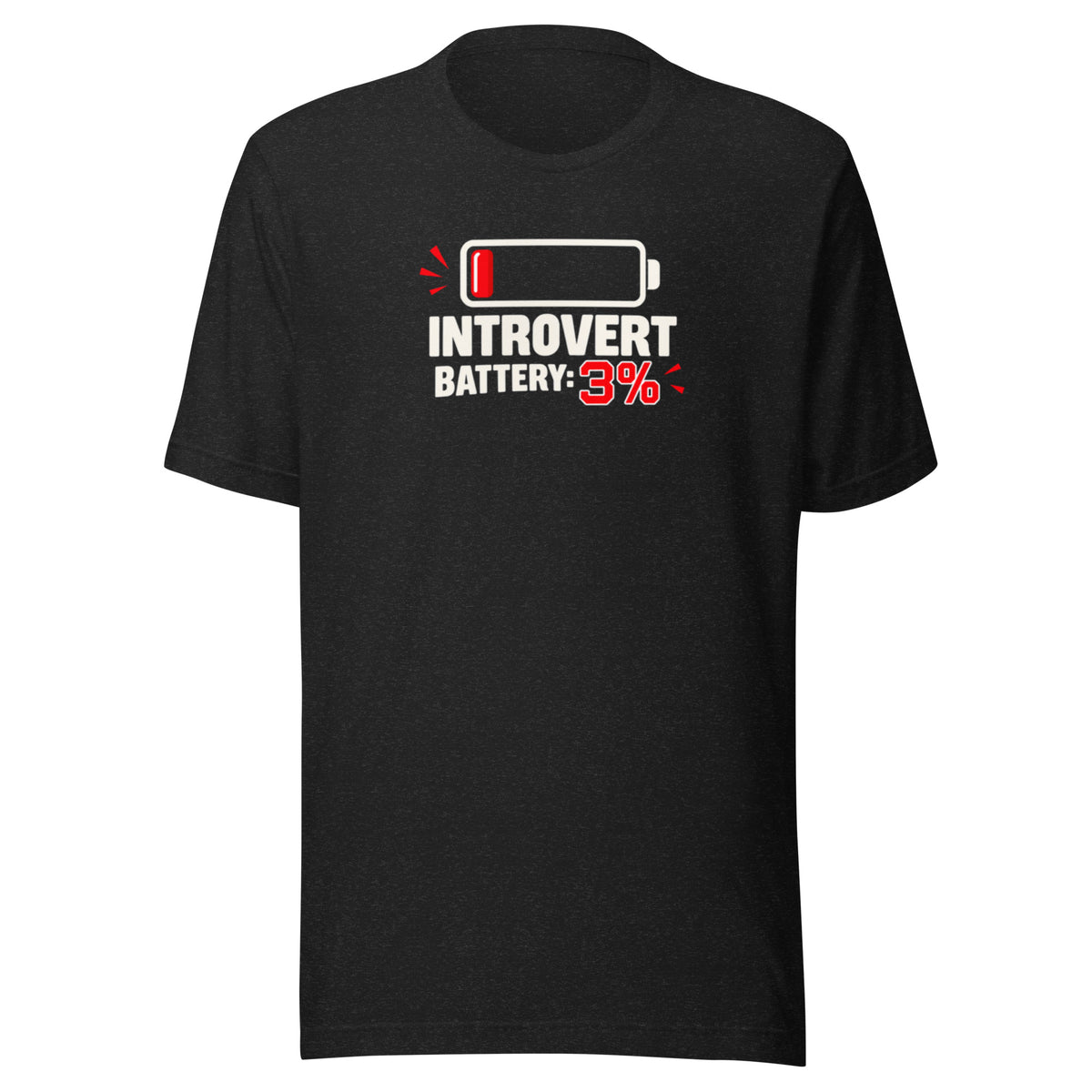 Front view mockup of a black unisex t-shirt featuring a low battery icon and red text reading Introvert Battery 3%