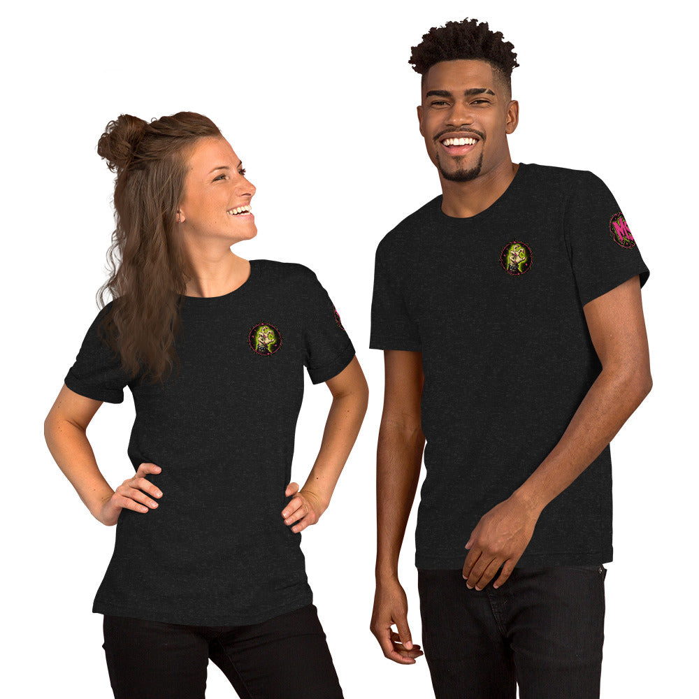 Male and female models posing together wearing matching black heather Miss Spookentina graphic t-shirts