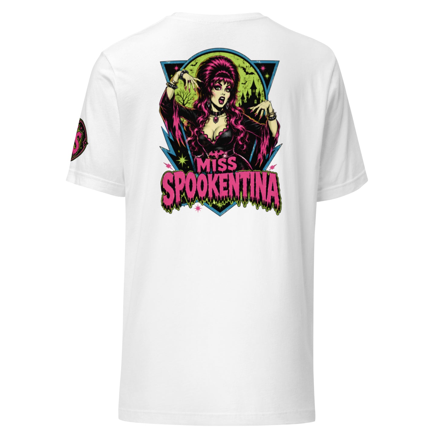 Back view mockup of a white unisex graphic t-shirt featuring vintage gothic witch Miss Spookentina back print