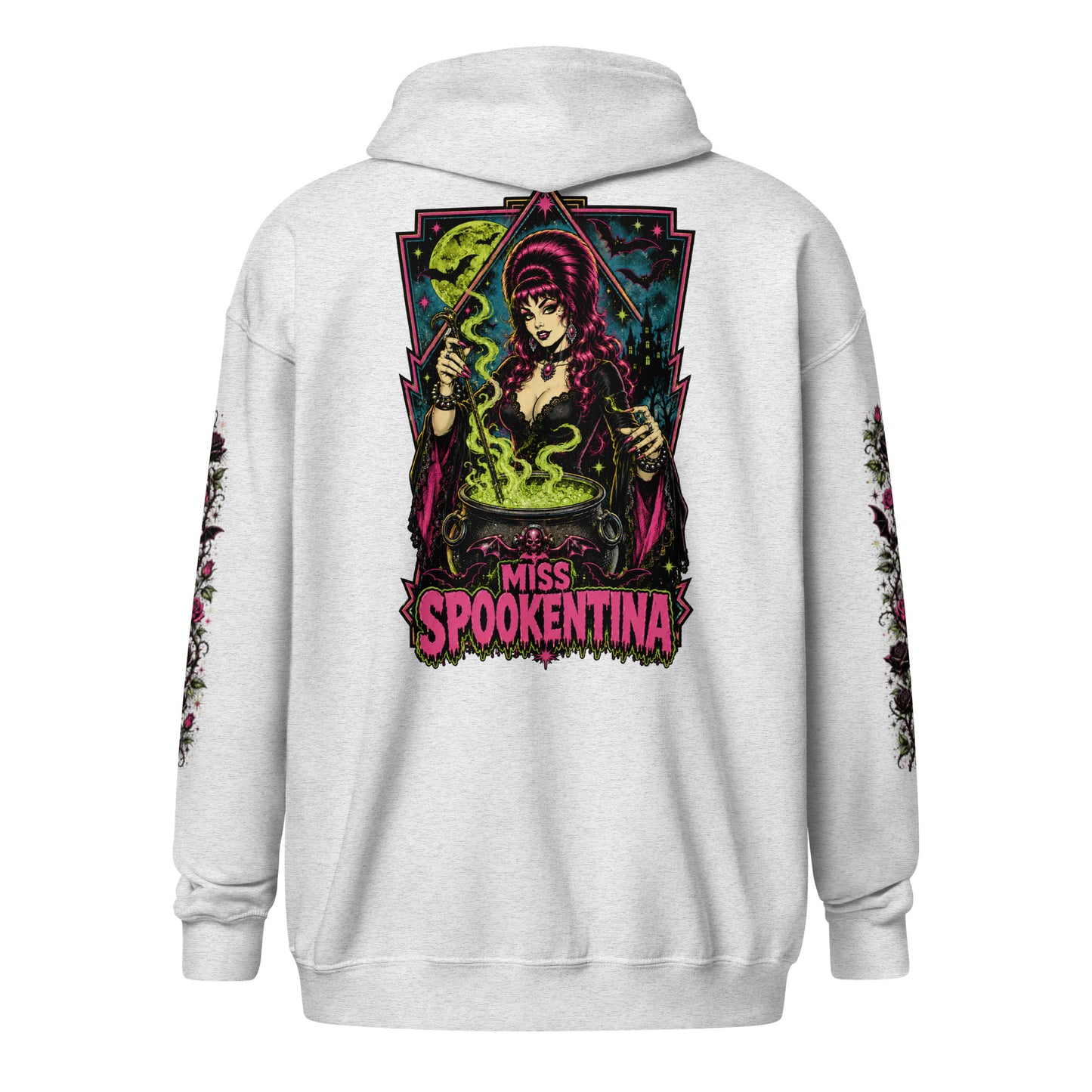 Back view of an ash grey unisex heavy blend zip hoodie featuring a vintage gothic witch brewing a cauldron with banner reading Miss Spookentina and floral sleeve prints