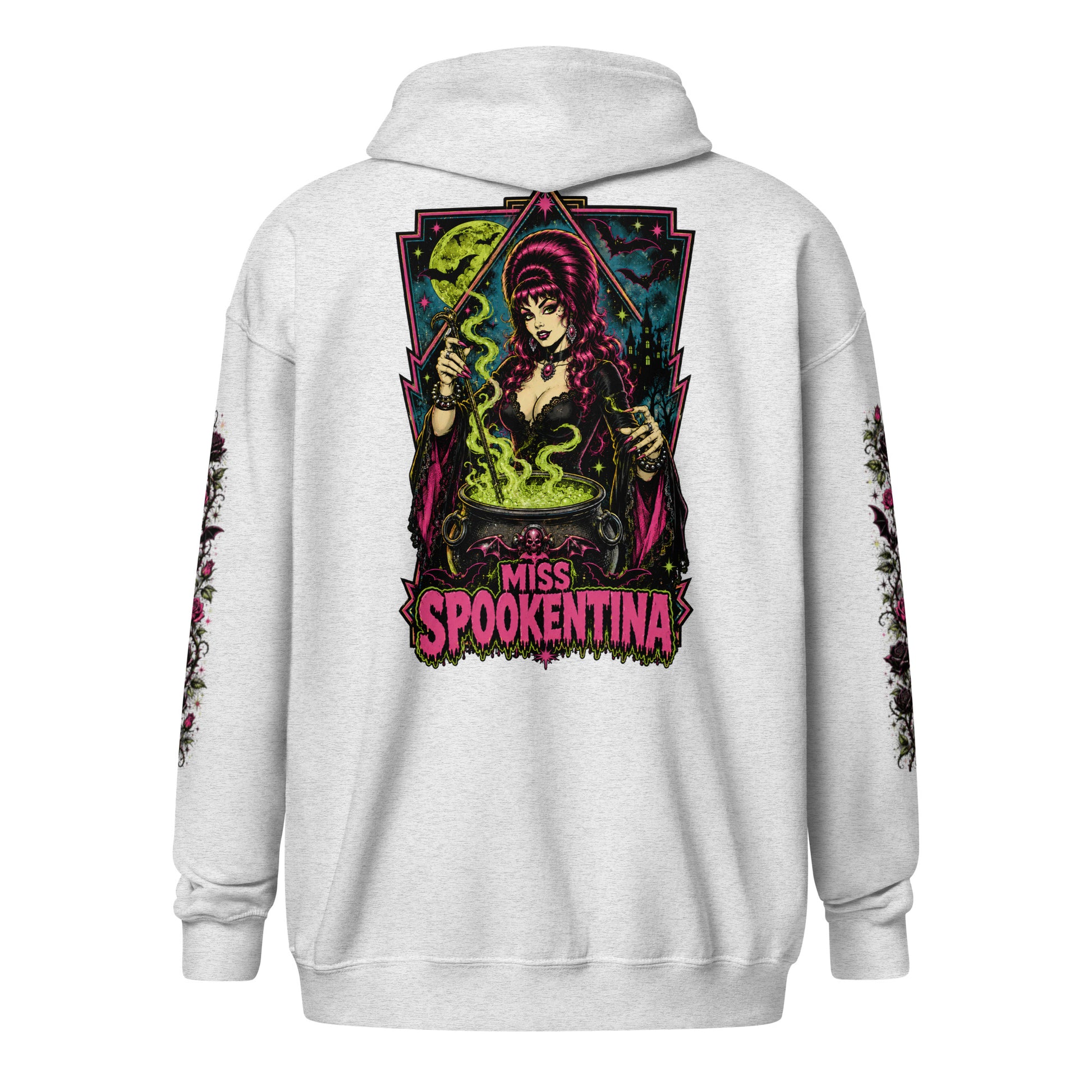 Back view of an ash grey unisex heavy blend zip hoodie featuring a vintage gothic witch brewing a cauldron with banner reading Miss Spookentina and floral sleeve prints