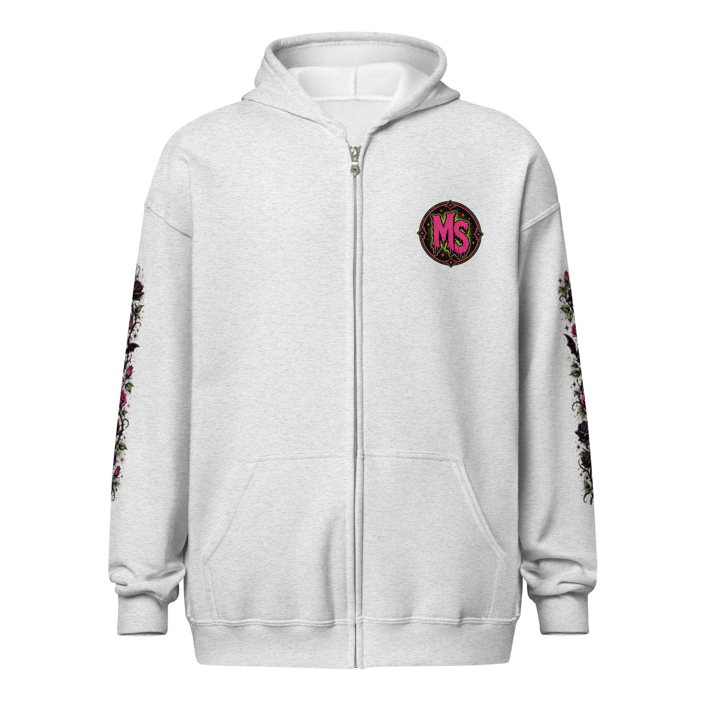 Front view mockup of an ash grey unisex heavy blend zip hoodie featuring a pink MS chest emblem, metal zipper, front pockets, and dark floral sleeve prints