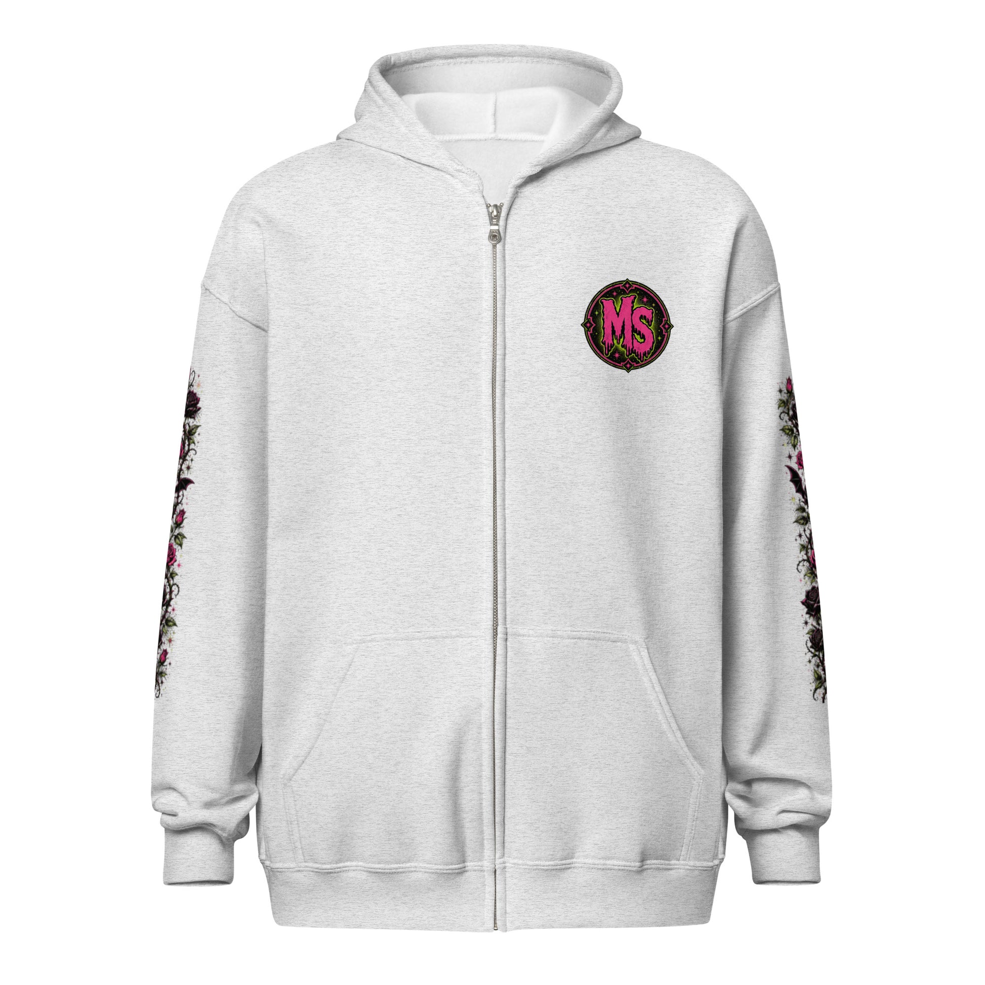 Front view mockup of an ash grey unisex heavy blend zip hoodie featuring a pink MS chest emblem, metal zipper, front pockets, and dark floral sleeve prints