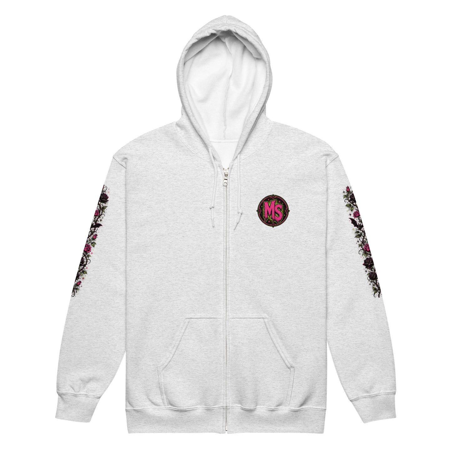 Front view mockup of an ash grey unisex heavy blend zip hoodie with pink MS circular chest emblem, full metal zipper, front pouch pockets, and dark rose floral sleeve prints