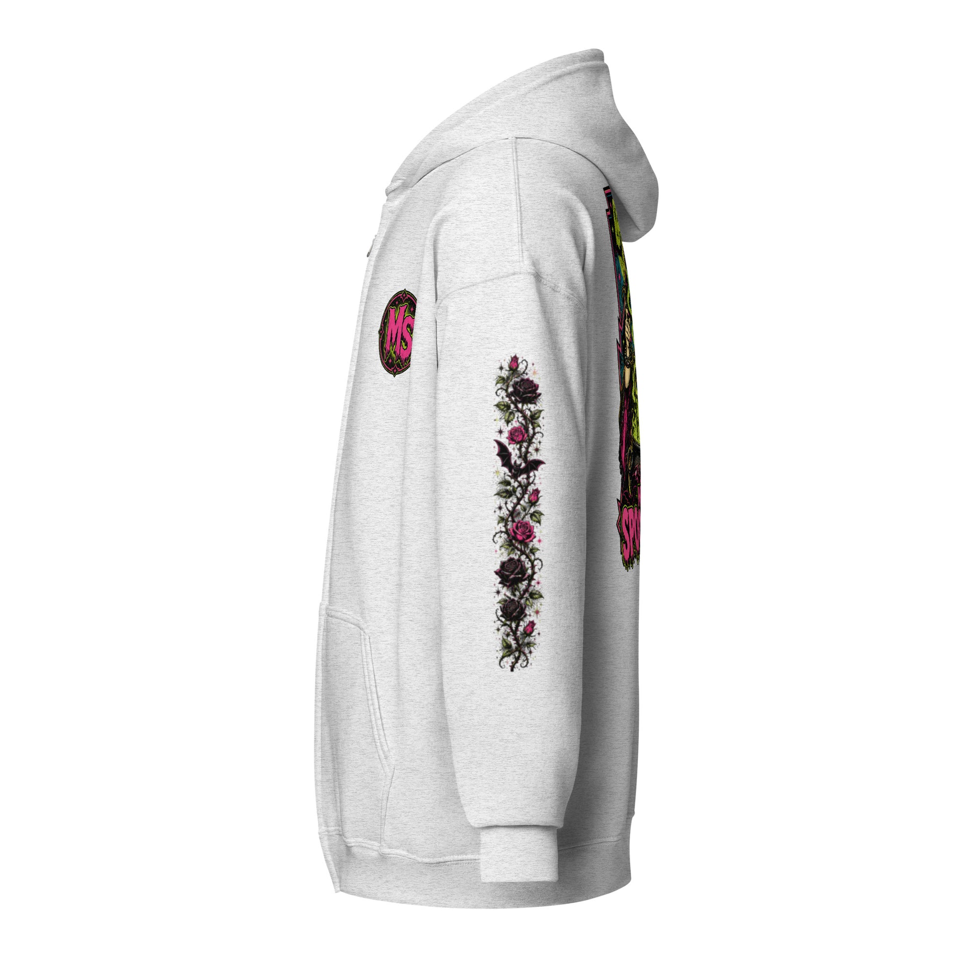 Left side profile mockup of an ash grey unisex heavy blend zip hoodie highlighting the dark gothic rose floral sleeve print and pink chest crest