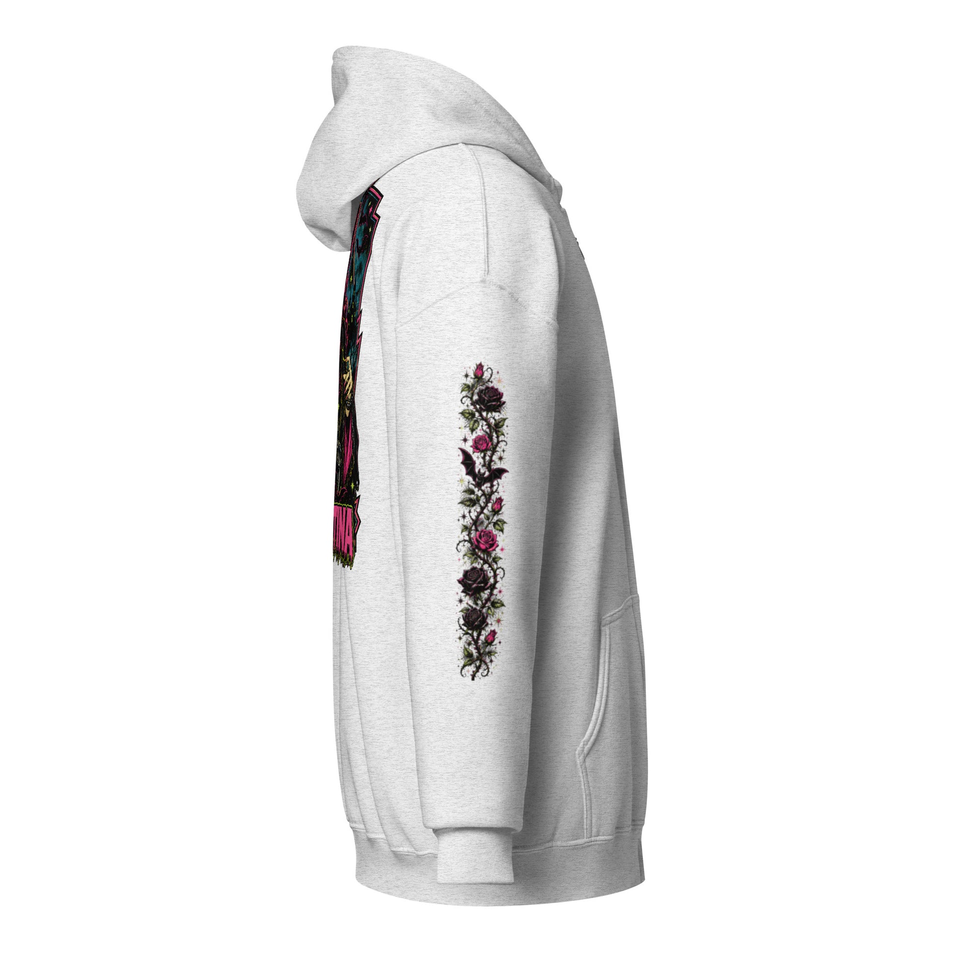 Right side view mockup of an ash grey unisex heavy blend zip hoodie with hood up highlighting the gothic dark floral rose sleeve print