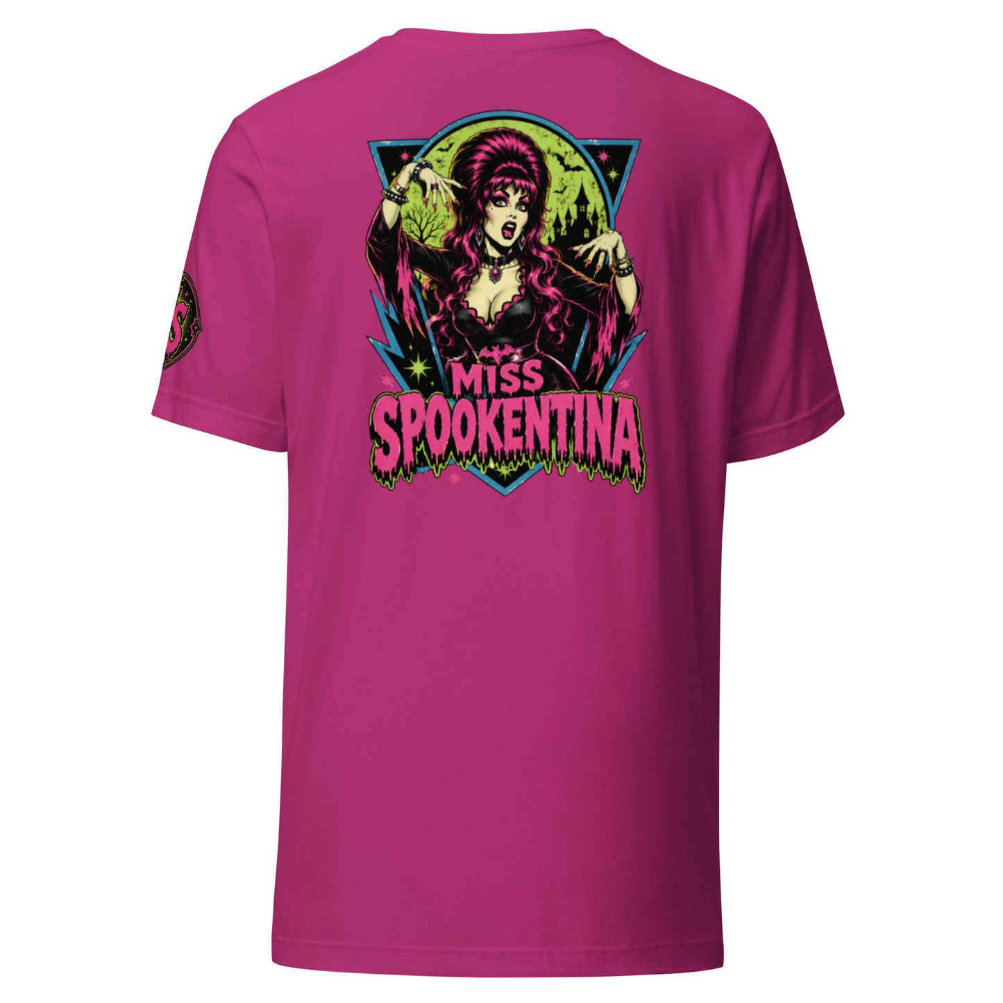 Back view mockup of a berry pink unisex t-shirt featuring gothic witch Miss Spookentina brewing a cauldron with spooky season artwork