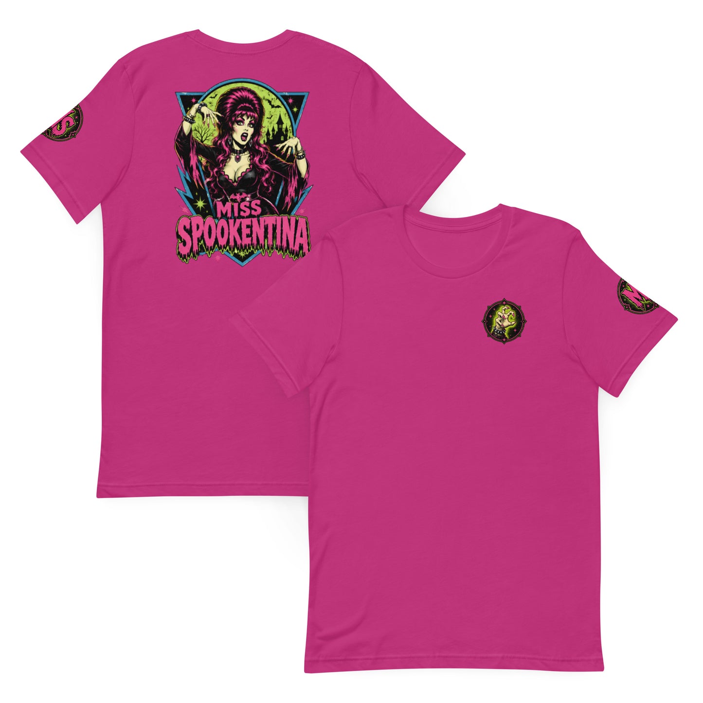 Neatly folded flat lay of a berry pink graphic t-shirt displaying the Miss Spookentina gothic witch back print