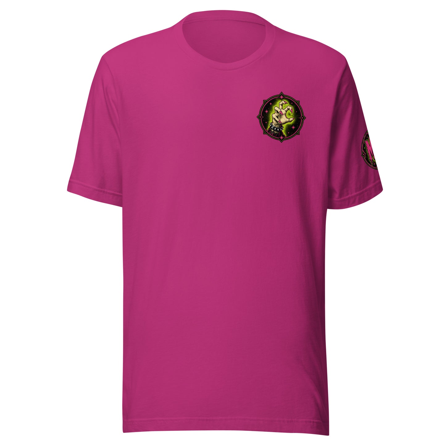 Front view mockup of a berry pink unisex graphic t-shirt featuring a subtle chest emblem