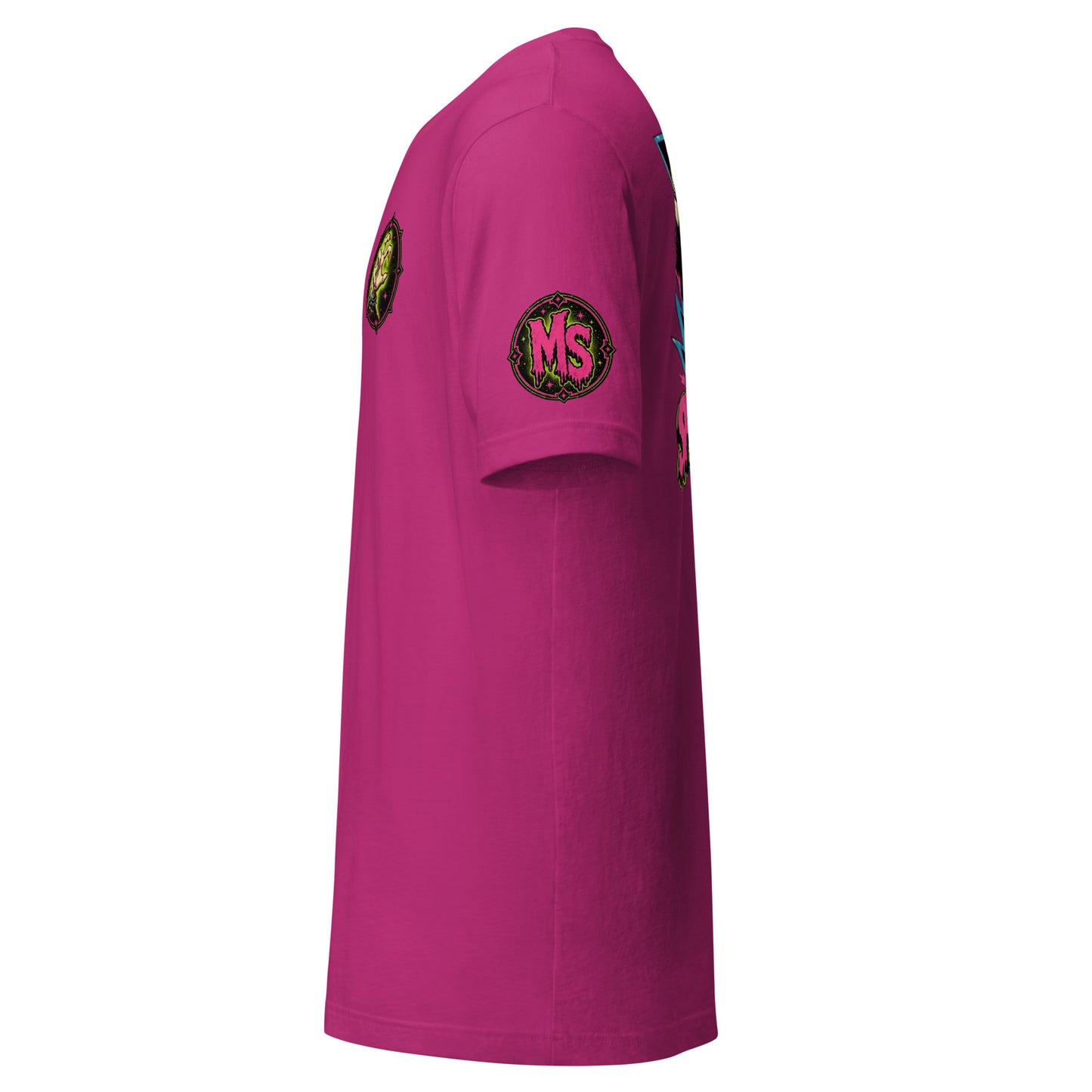 Side sleeve view mockup of a berry pink unisex graphic t-shirt