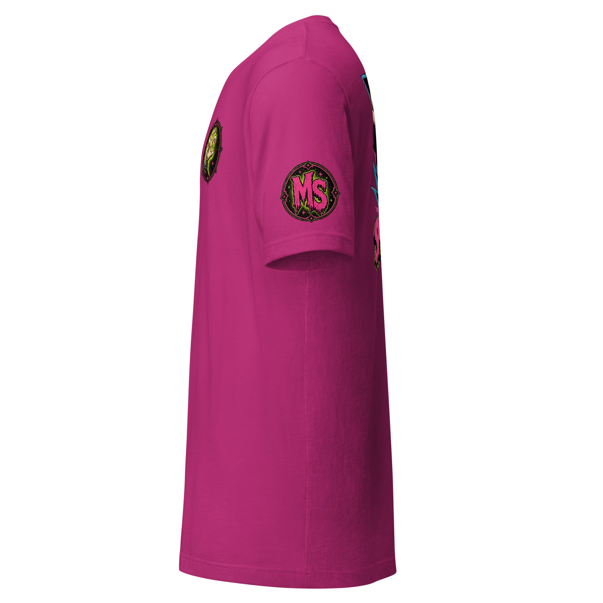 Side sleeve view mockup of a berry pink unisex graphic t-shirt