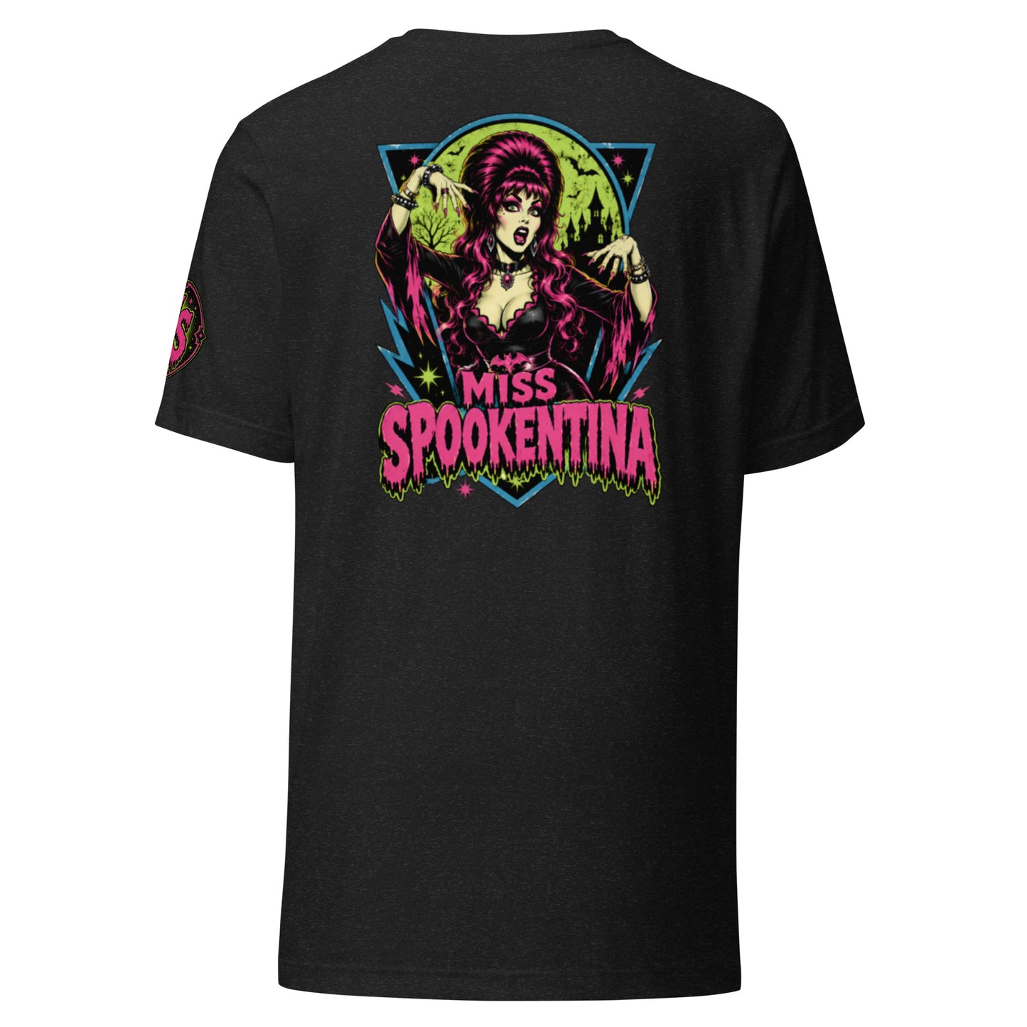 Back view mockup of a black heather unisex t-shirt featuring vintage gothic witch Miss Spookentina brewing a glowing green cauldron