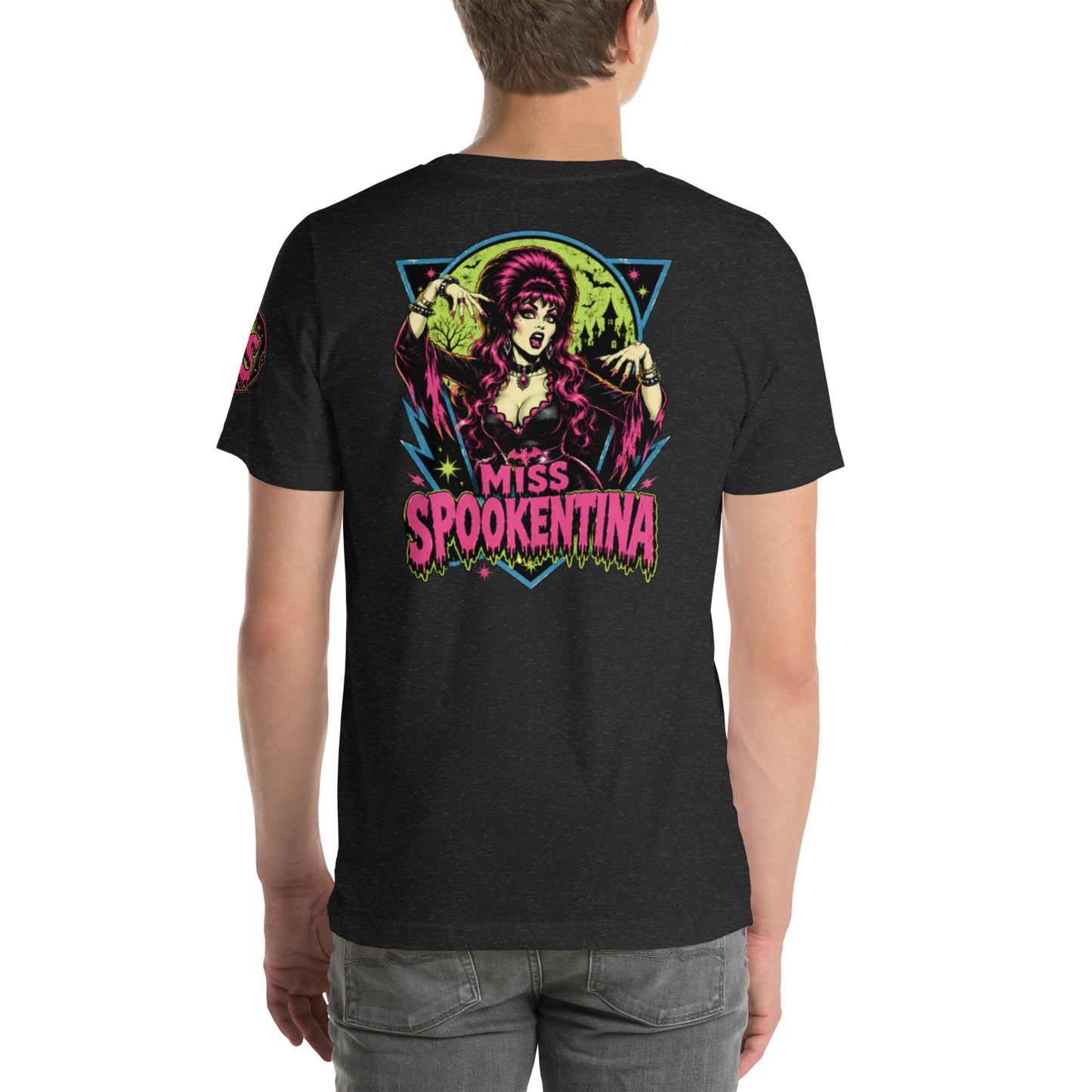 Back view of female model wearing a black heather t-shirt featuring Miss Spookentina vintage gothic witch illustration
