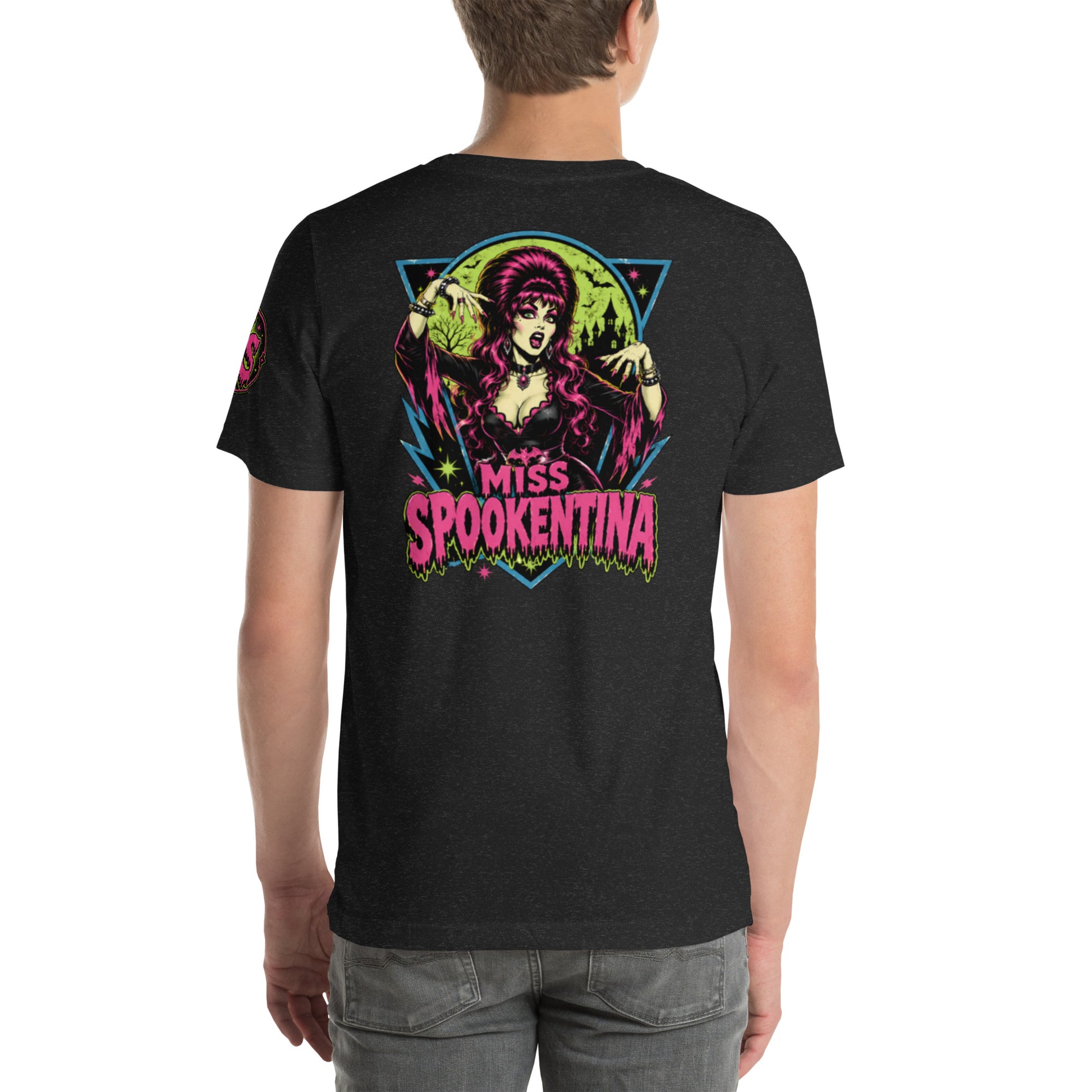 Back view of female model wearing a black heather t-shirt featuring Miss Spookentina vintage gothic witch illustration