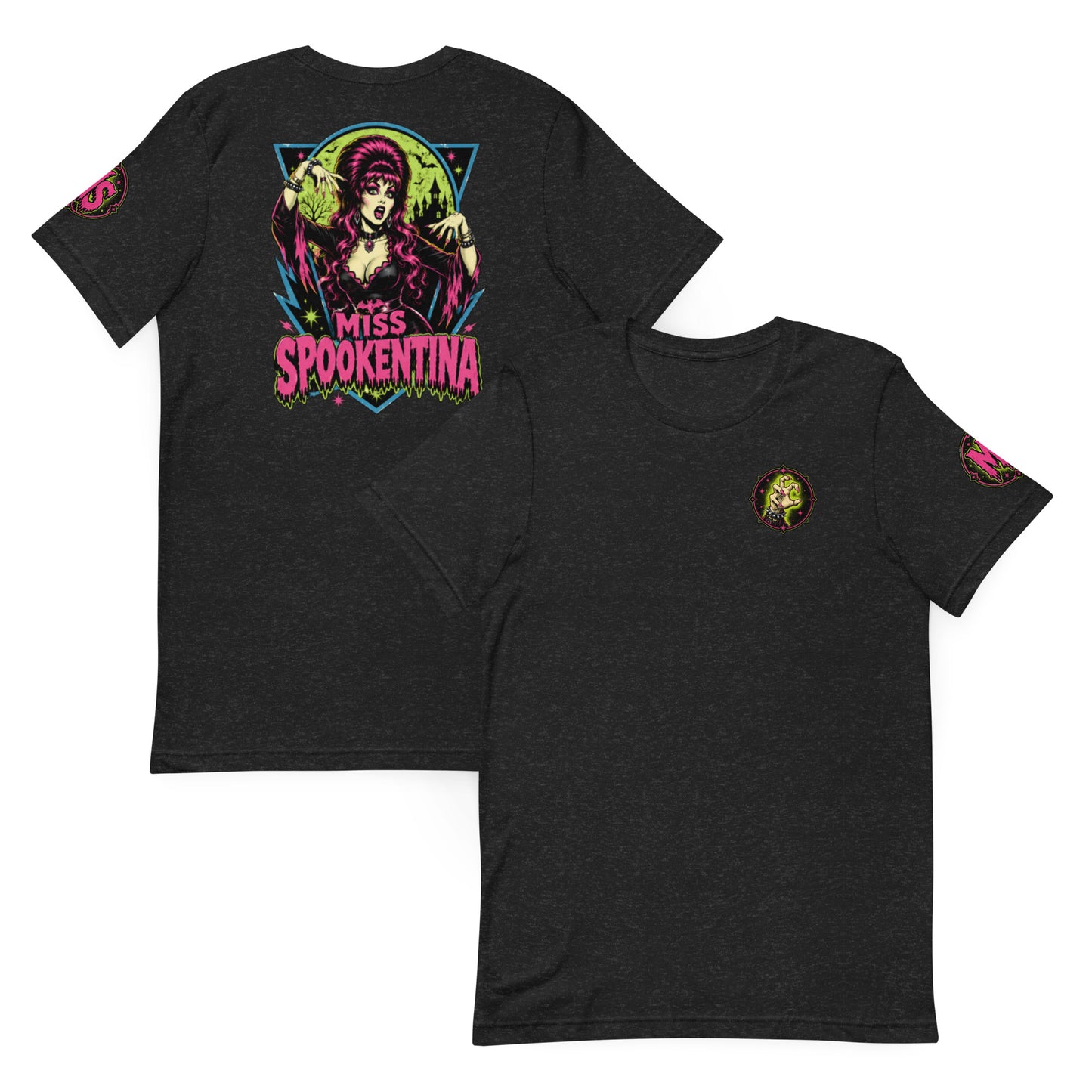 Folded flat lay mockup of a black heather unisex t-shirt showing both front and back Miss Spookentina graphic prints
