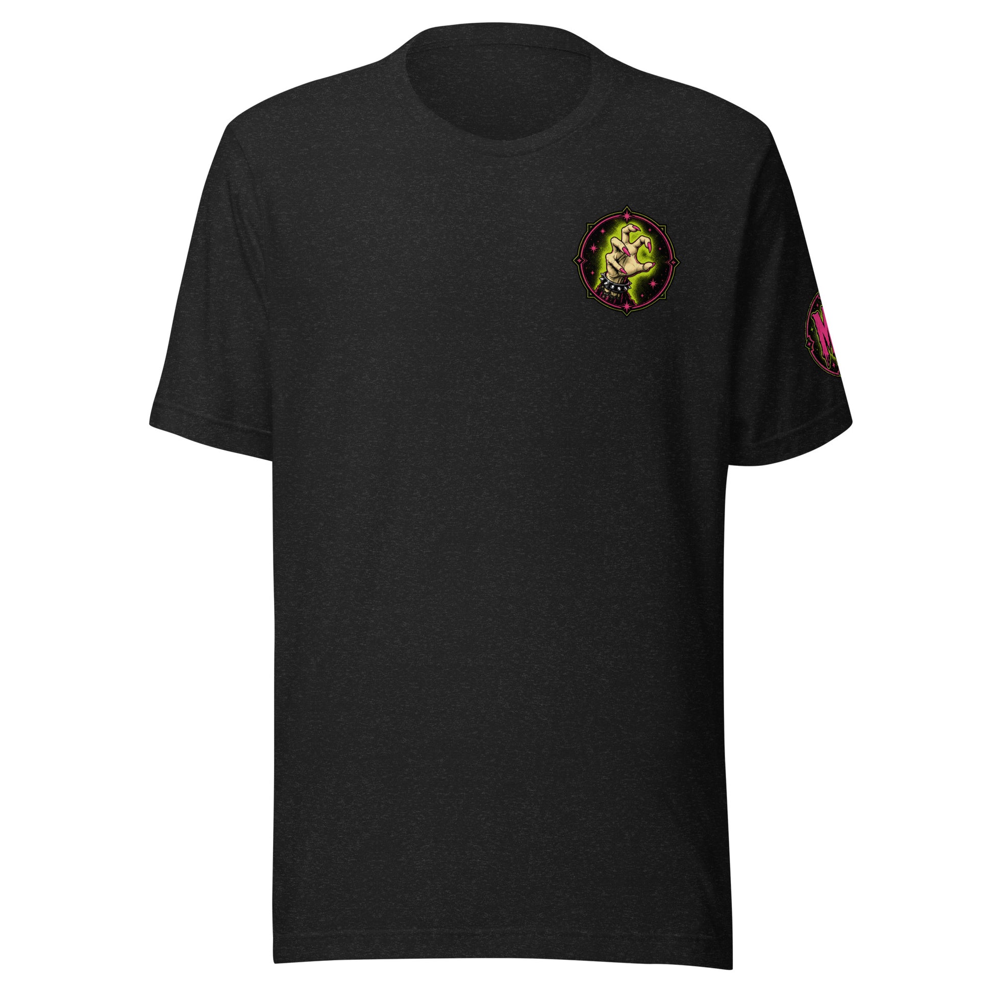 Front view mockup of a black heather unisex graphic t-shirt featuring a yellow round witch chest emblem