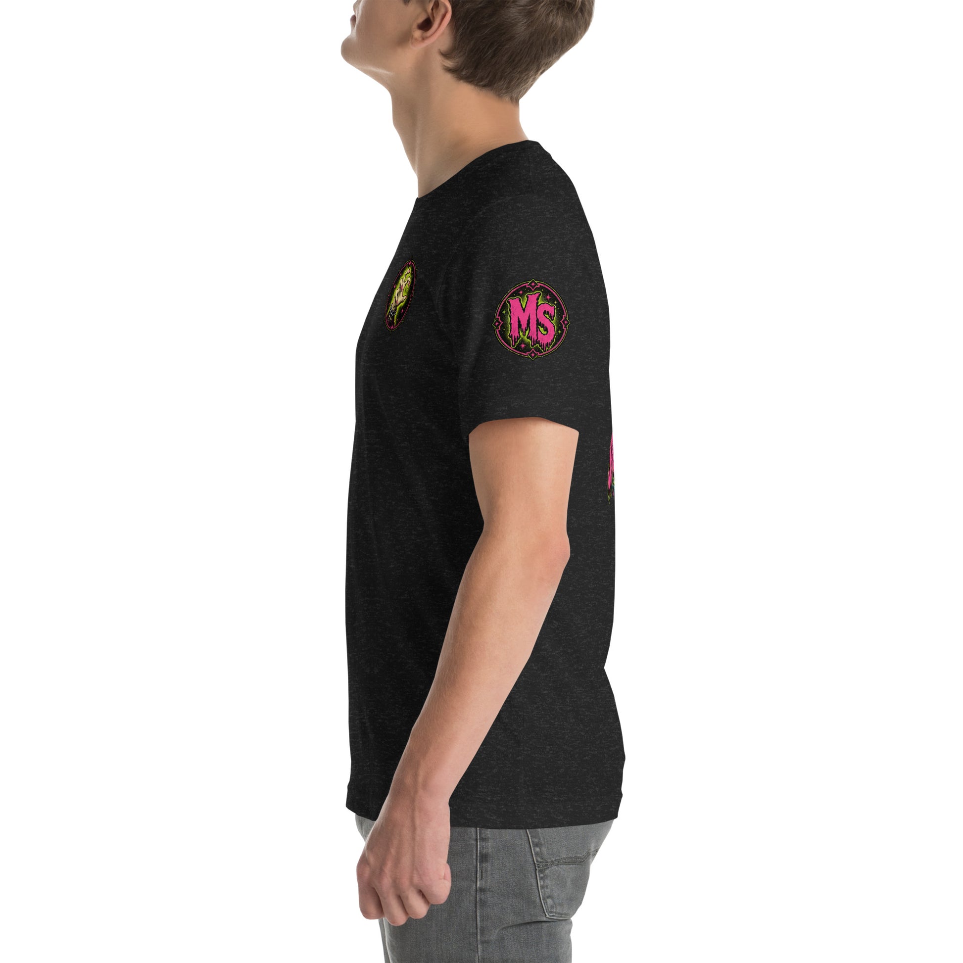 miss-spookentina-black-heather-tshirt-male-model-side