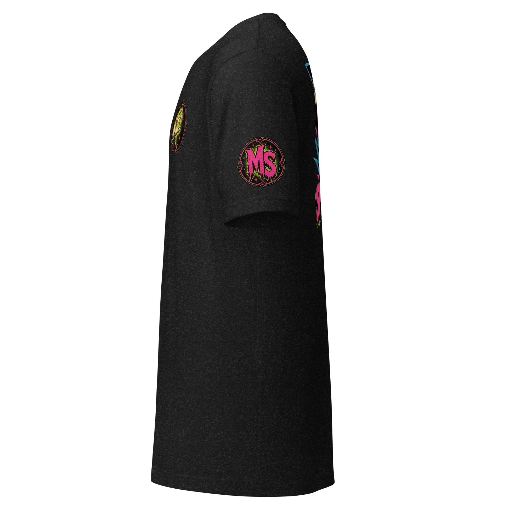Product mockupSide sleeve profile view mockup of a black heather unisex t-shirt highlighting the gothic sleeve crest