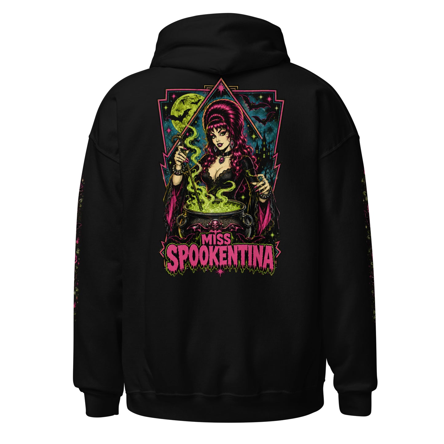 Back view mockup of a black unisex pullover hoodie featuring vintage gothic witch Miss Spookentina brewing a cauldron with banner and floral sleeve prints