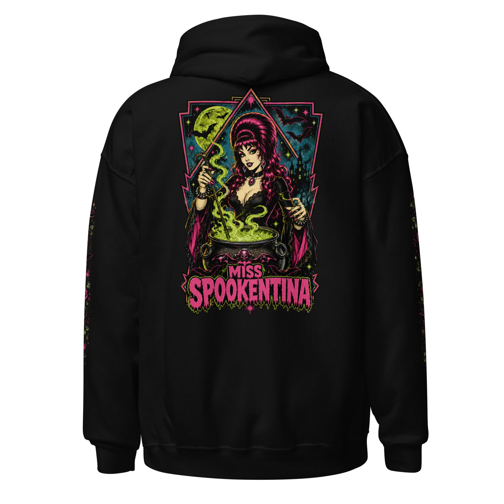 Back view mockup of a black unisex pullover hoodie featuring vintage gothic witch Miss Spookentina brewing a cauldron with banner and floral sleeve prints
