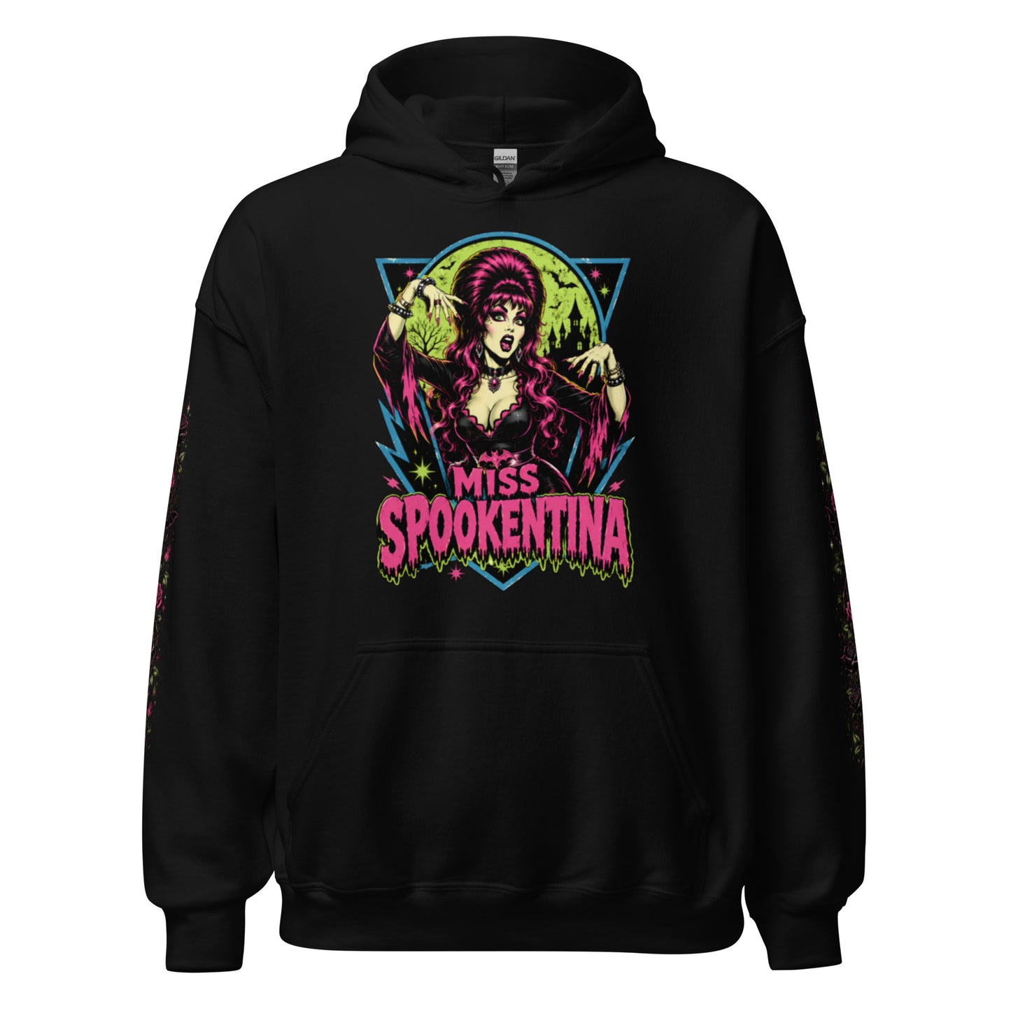 Front view mockup of a black unisex pullover hoodie featuring a pink MS chest emblem, front pouch pocket, and dark gothic rose floral sleeve prints