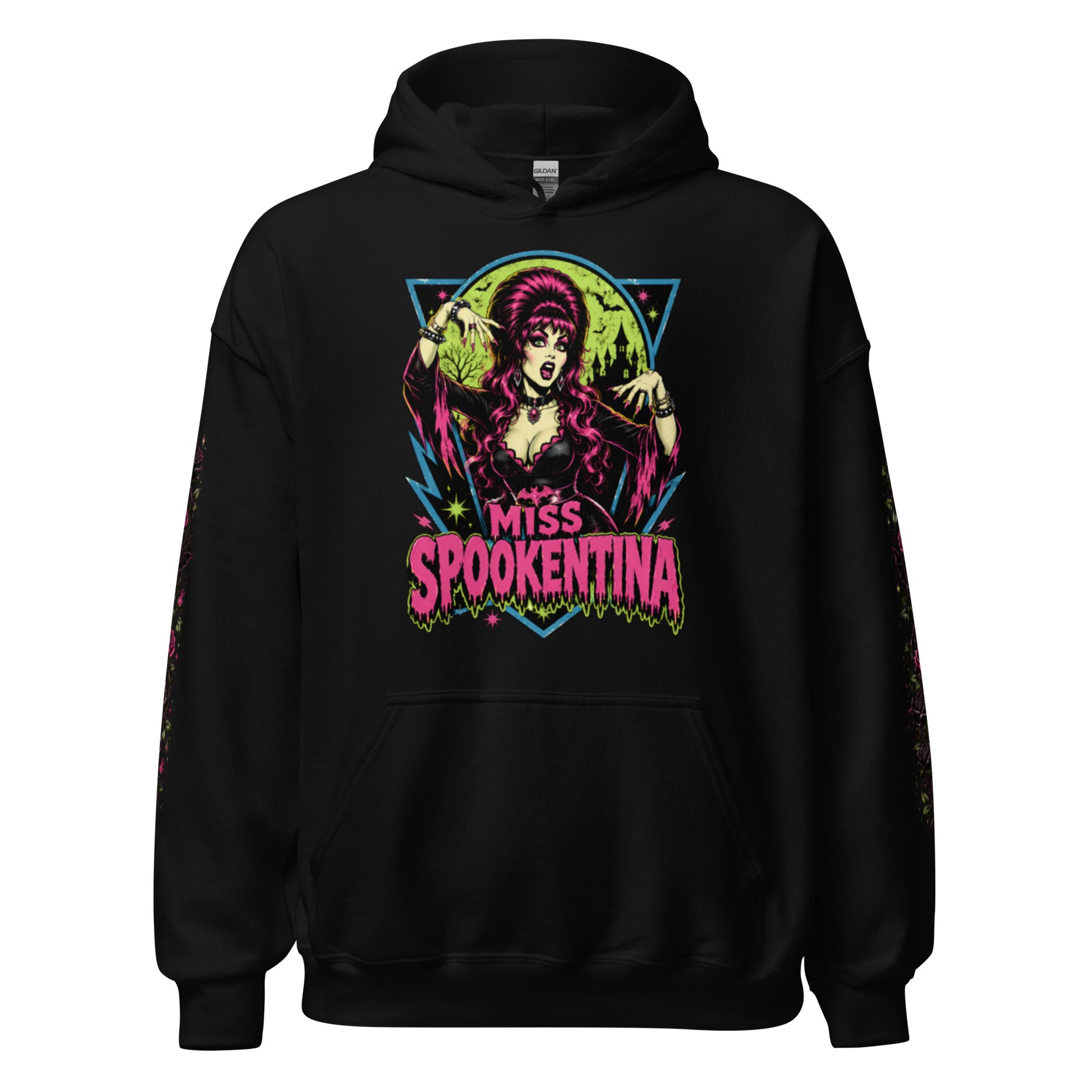 Front view mockup of a black unisex pullover hoodie featuring a pink MS chest emblem, front pouch pocket, and dark gothic rose floral sleeve prints