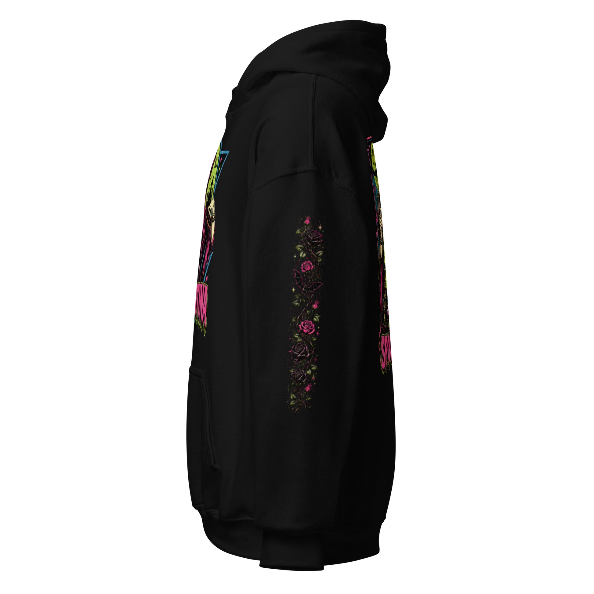 Left side profile view mockup of a black unisex pullover hoodie highlighting the dark gothic floral rose sleeve print