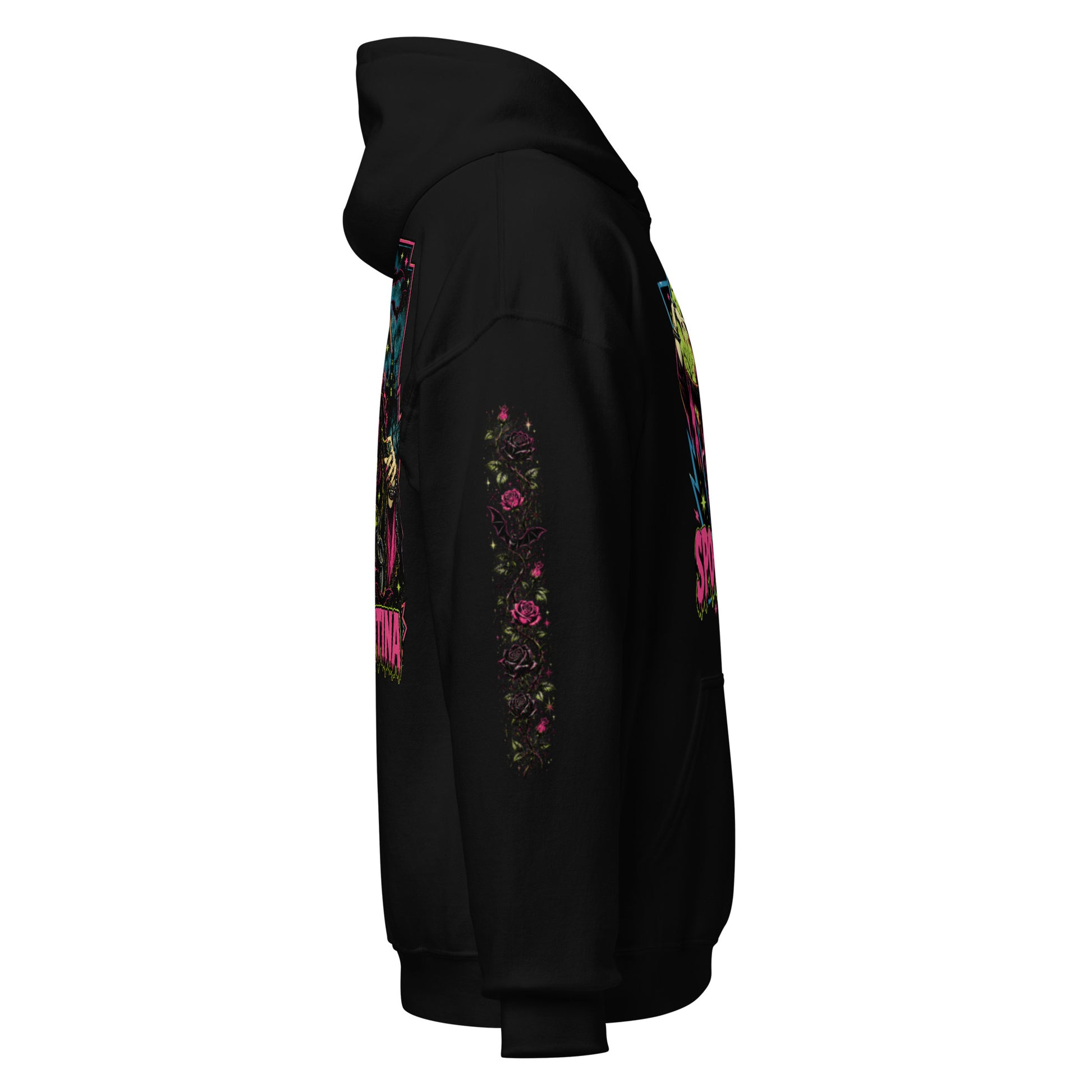 Right side profile view mockup of a black unisex pullover hoodie with hood up showcasing the gothic floral sleeve artwork