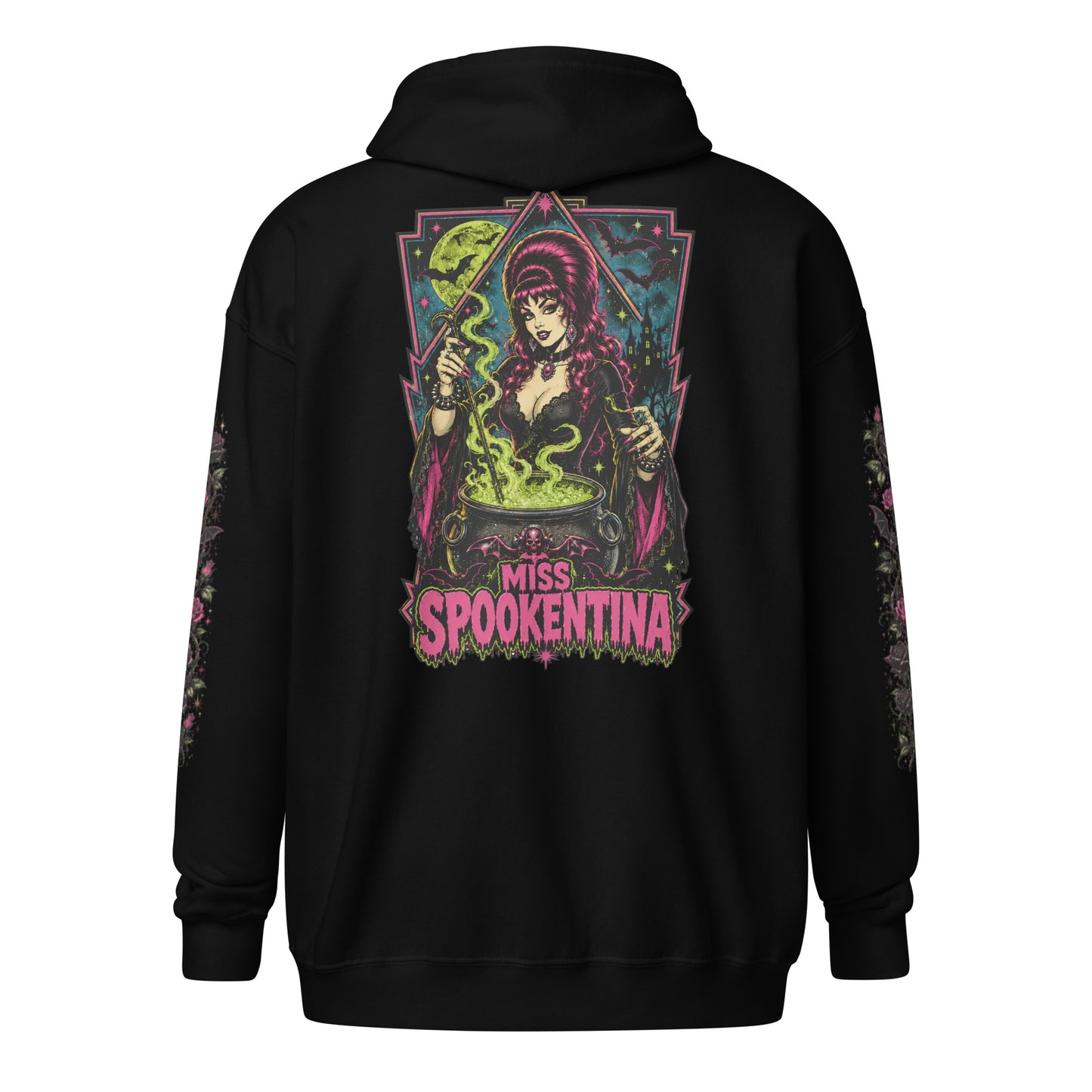 Back view of a black unisex heavy blend zip hoodie featuring a vintage gothic witch brewing a cauldron with banner reading Miss Spookentina and floral sleeve prints