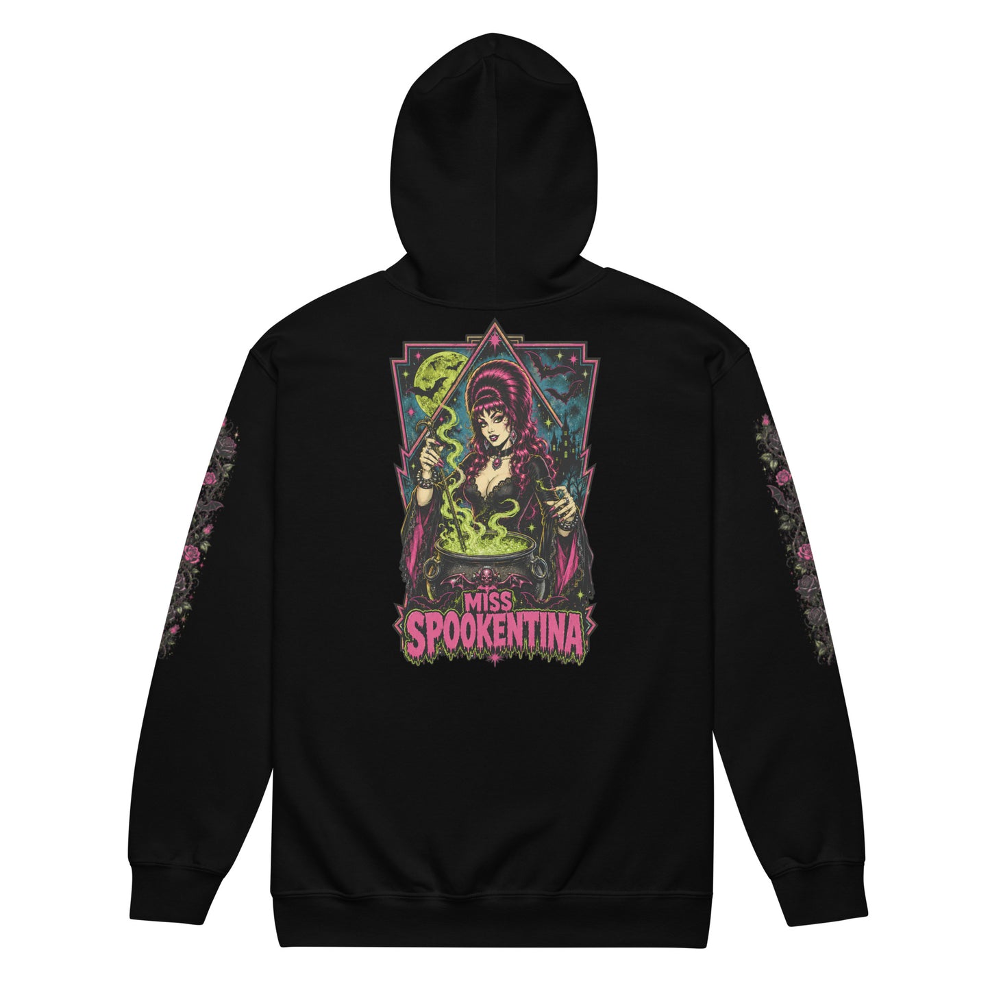 Back view of a black unisex heavy blend zip hoodie featuring vintage gothic witch Miss Spookentina brewing a cauldron with dark floral sleeve prints