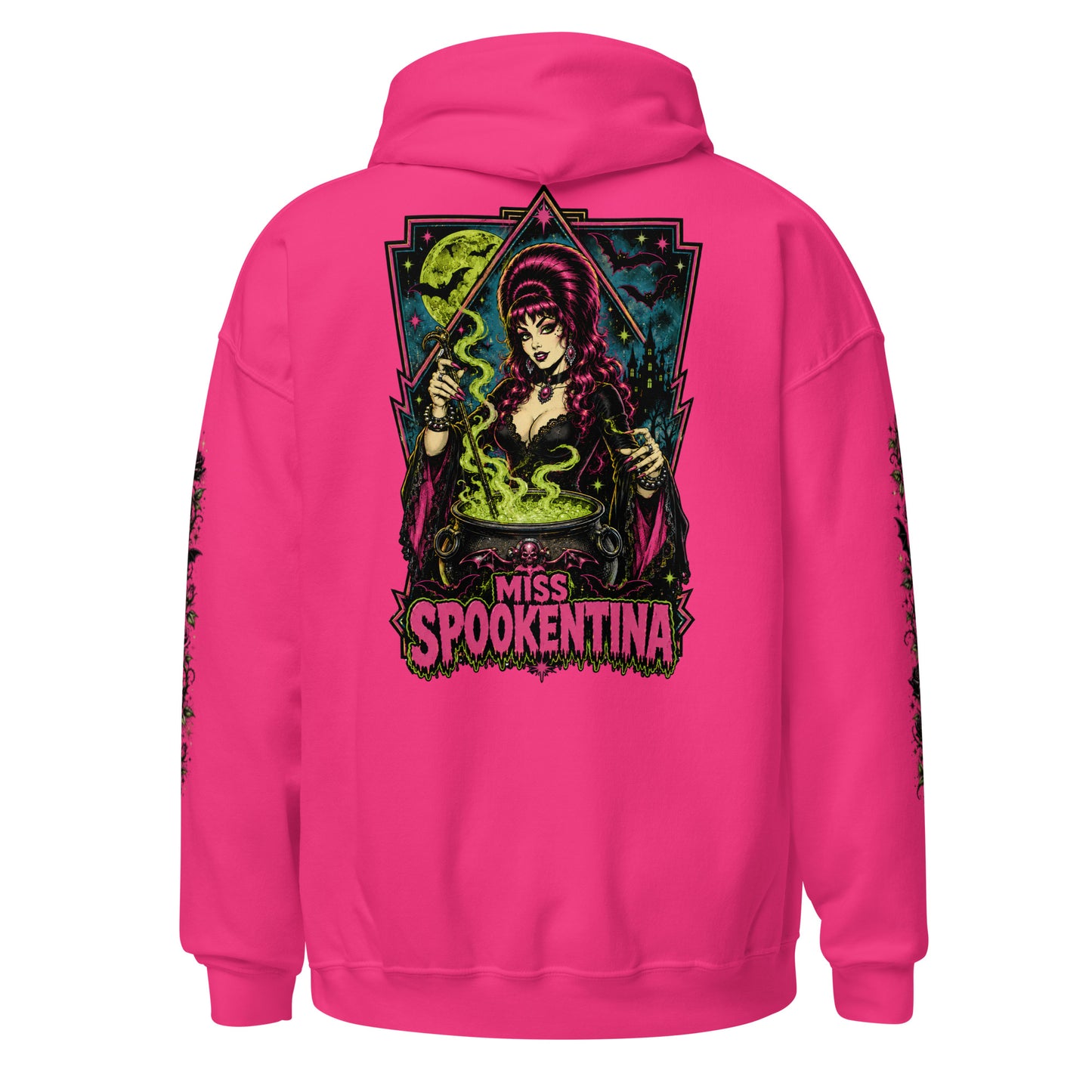 Back view mockup of a heliconia hot pink unisex pullover hoodie featuring vintage gothic witch Miss Spookentina cauldron back print