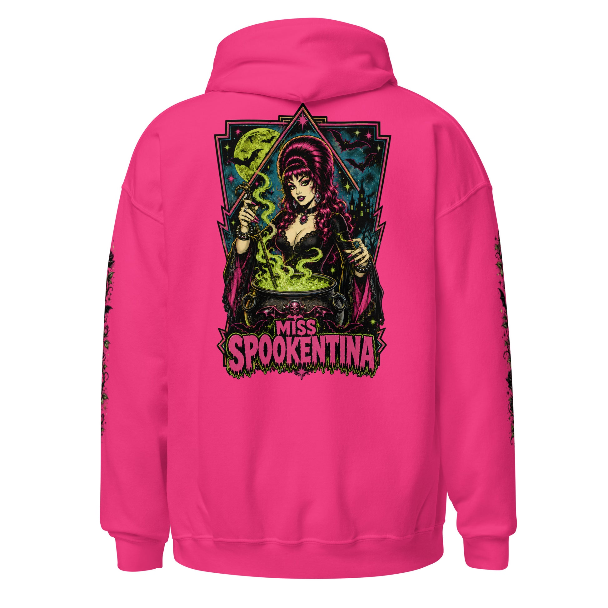 Back view mockup of a heliconia hot pink unisex pullover hoodie featuring vintage gothic witch Miss Spookentina cauldron back print