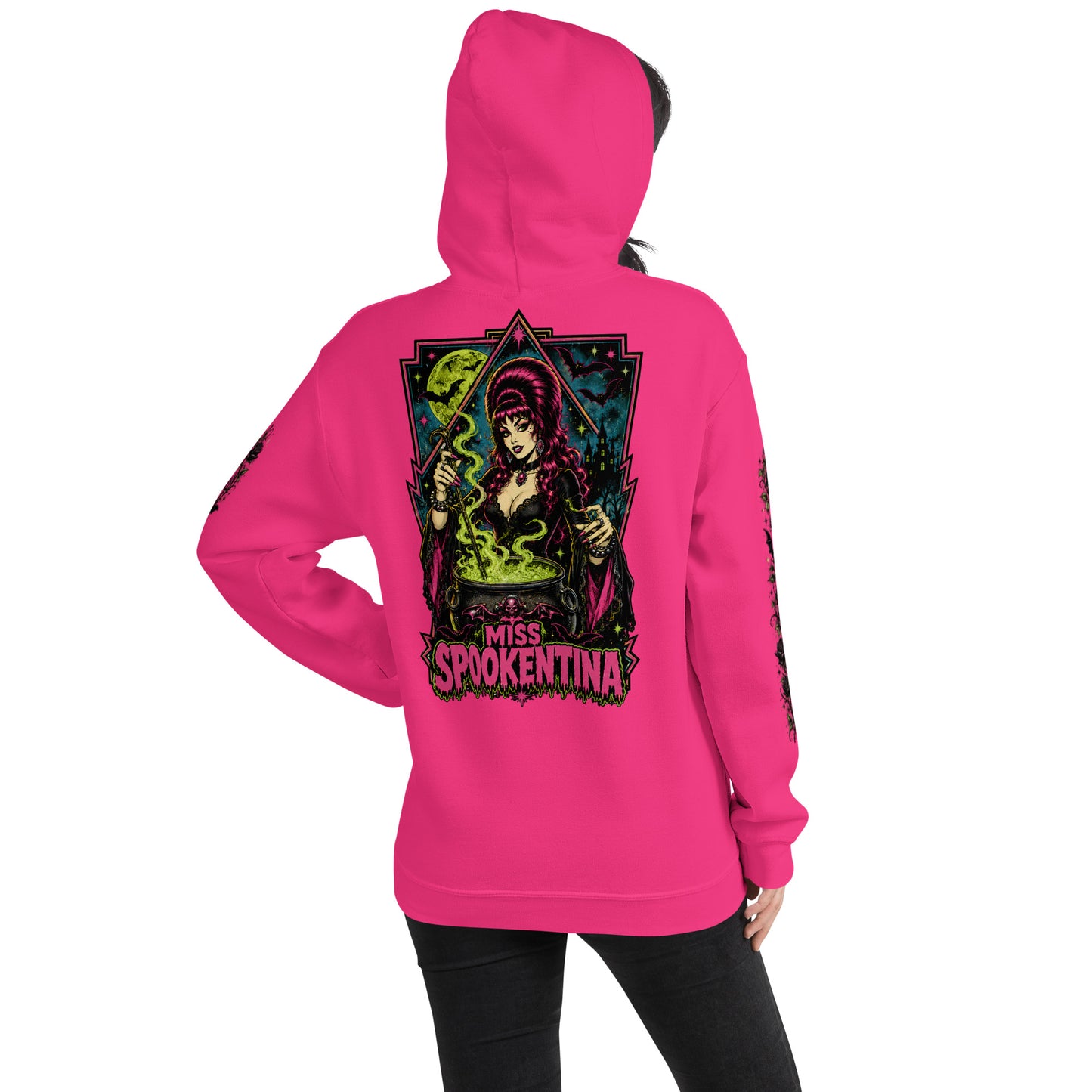 Back view of a female model wearing a heliconia pink unisex pullover hoodie featuring the Miss Spookentina gothic witch back graphic