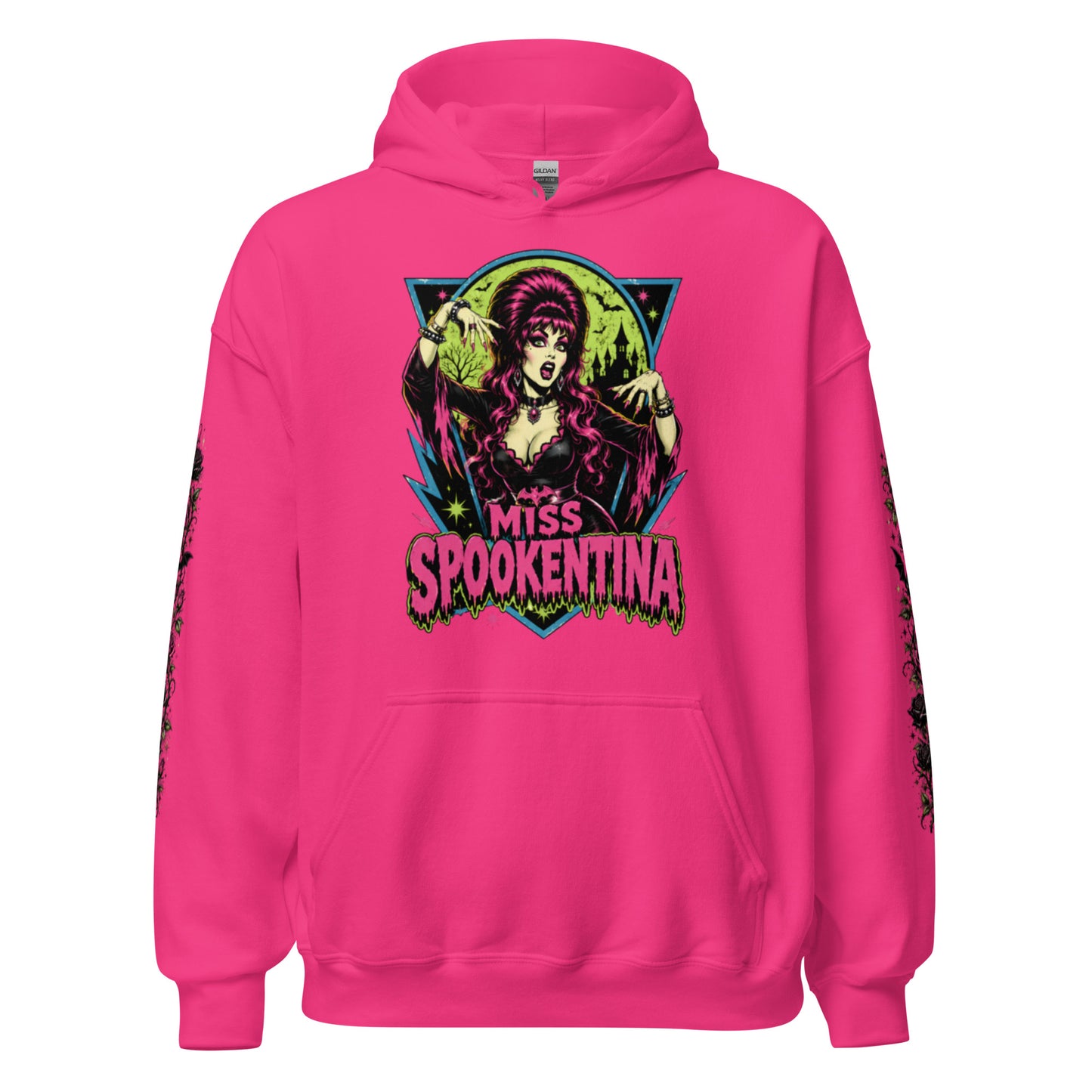Front view mockup of a heliconia hot pink unisex pullover hoodie featuring a pink MS crest chest graphic and floral sleeve prints
